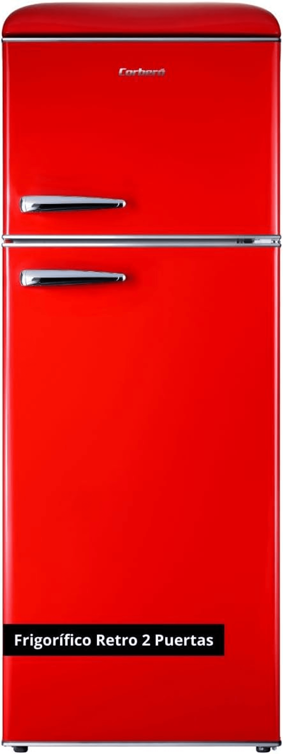 Un refrigerador retro rojo de dos puertas con tiradores plateados.