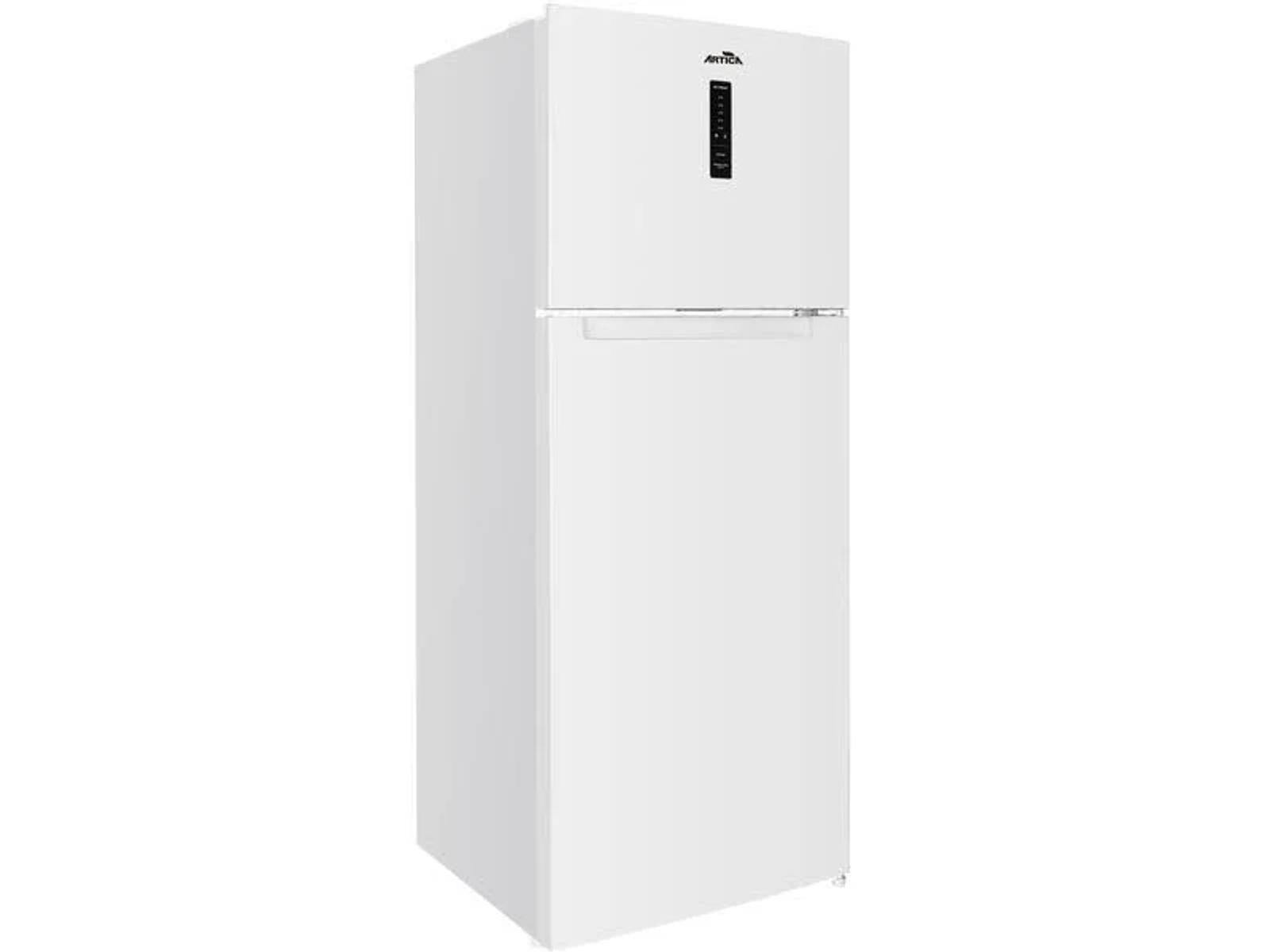 Un refrigerador blanco de dos puertas con pantalla negra arriba.
