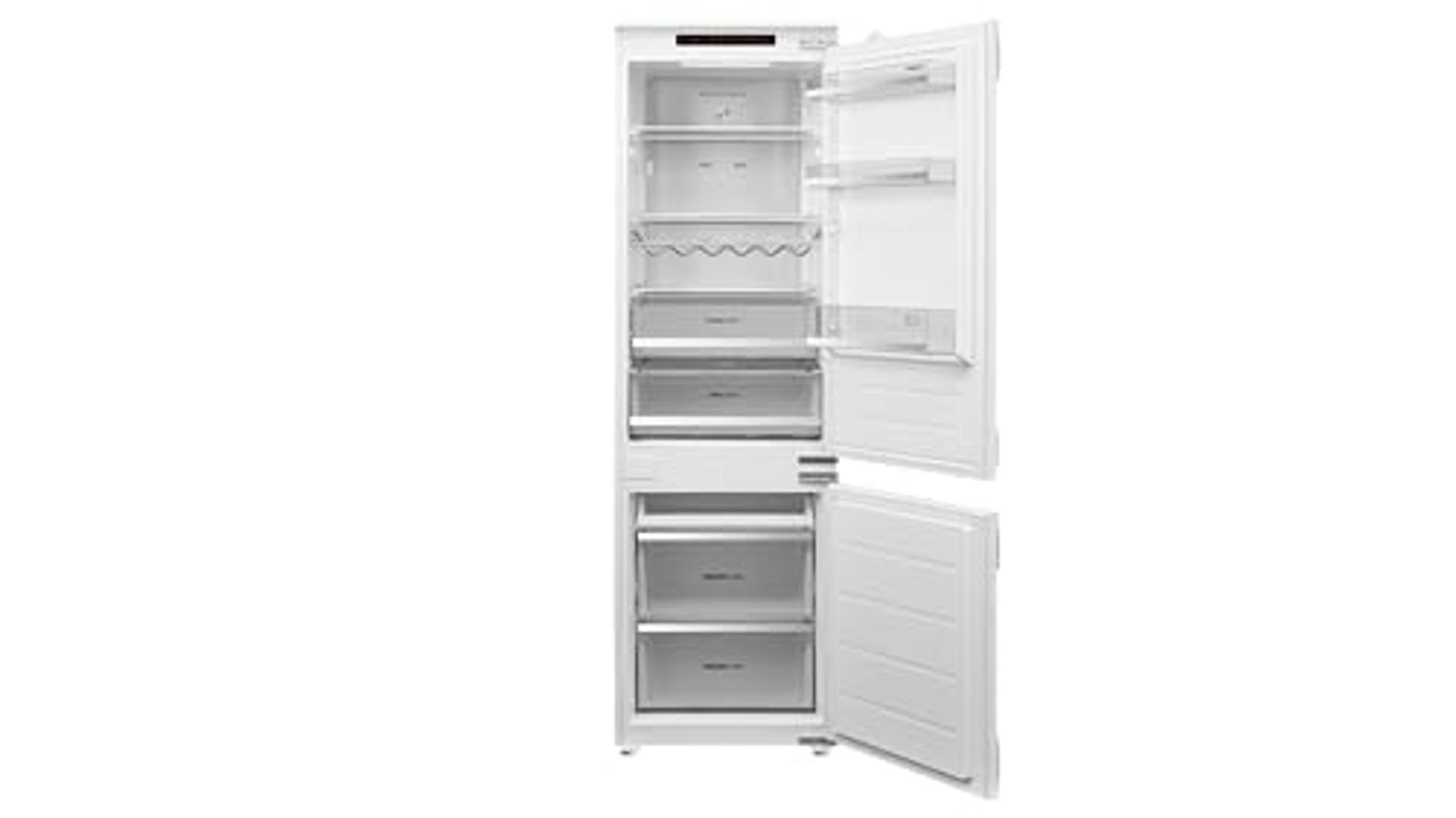 Un refrigerador empotrable blanco y abierto con estantes y cajones congeladores sobre fondo blanco.