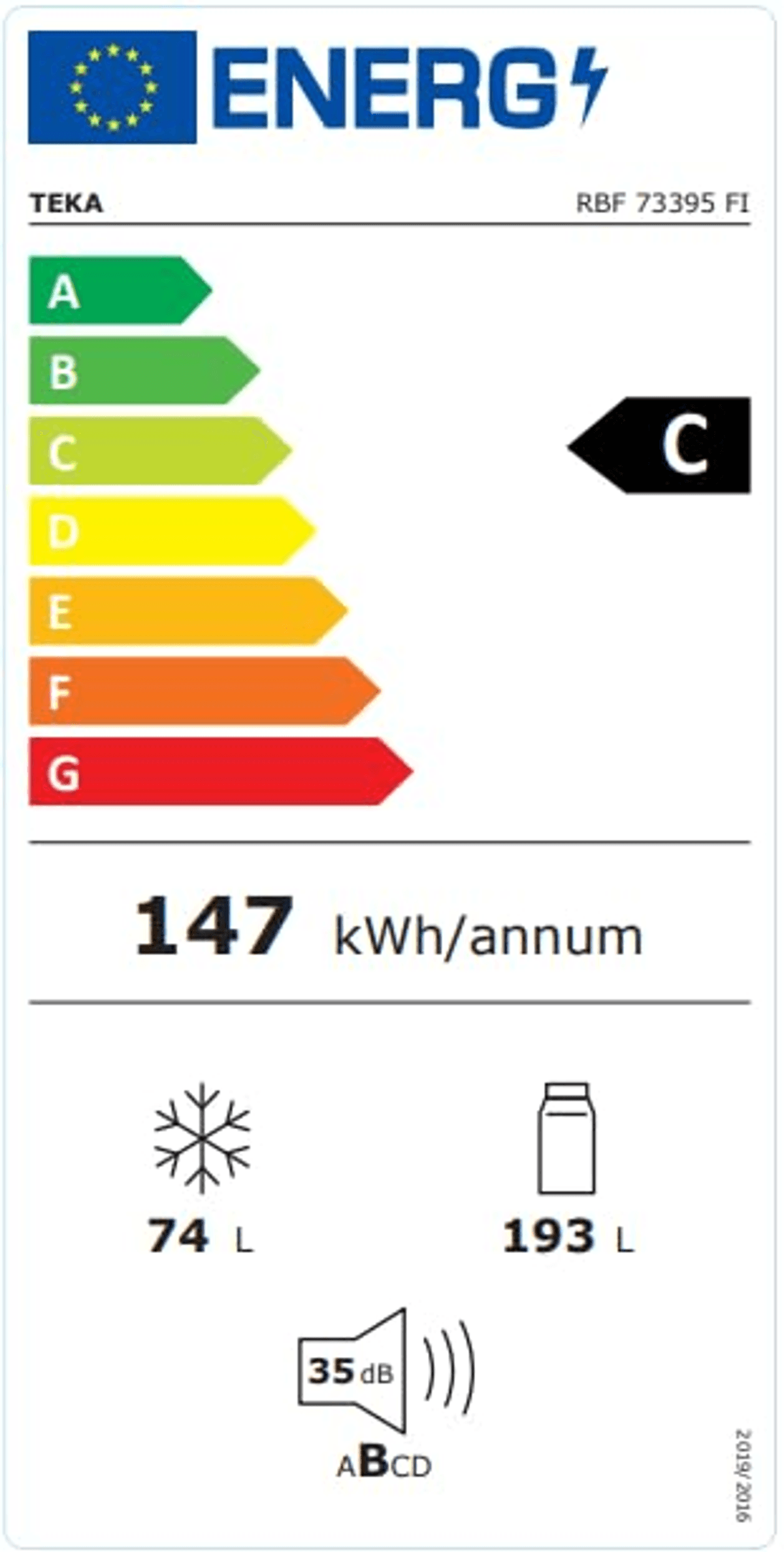Etiqueta energética Teka con clase C, 147 kWh/año, congelador 74L, nevera 193L y 35 dB.
