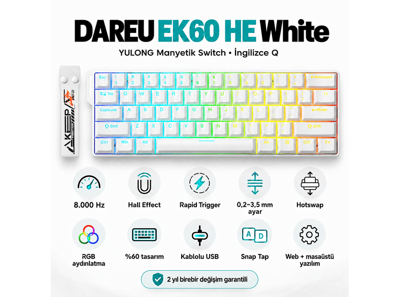 DAREU EK60 HE %60 Yulong Manyetik Switch 8K Hz Hall Effect Hotswap RGB İngilizce kablolu Oyuncu Klavyesi Beyaz
