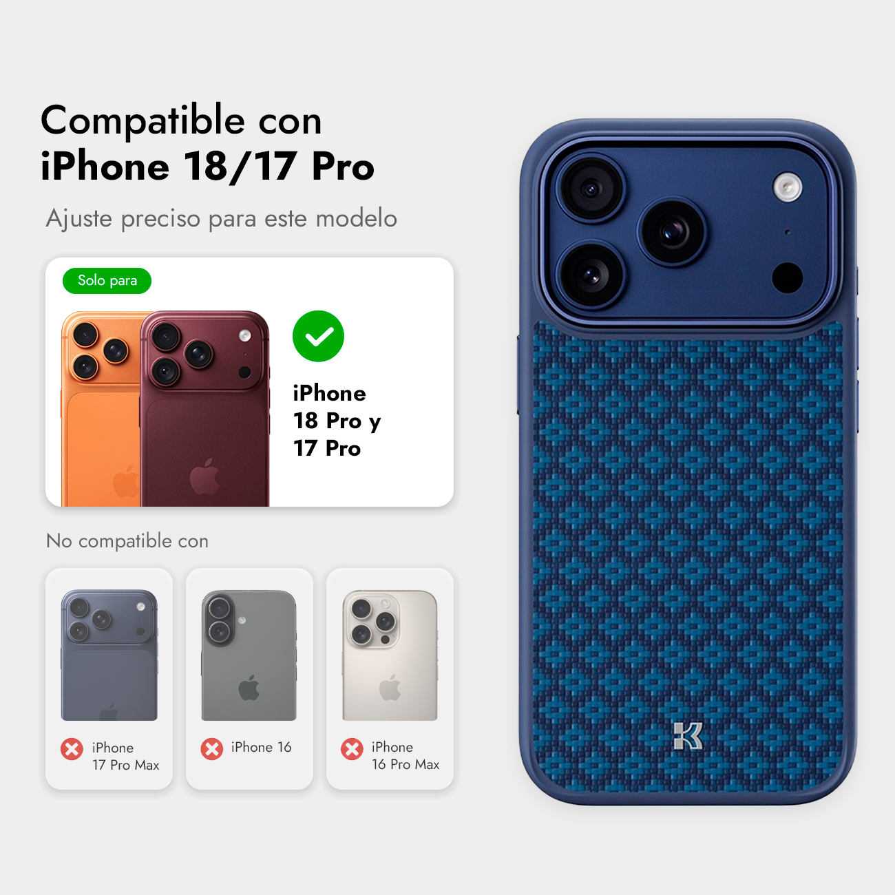 Fundas azules para iPhone 18/17 Pro con patrón geométrico, detalles de compatibilidad y advertencias.