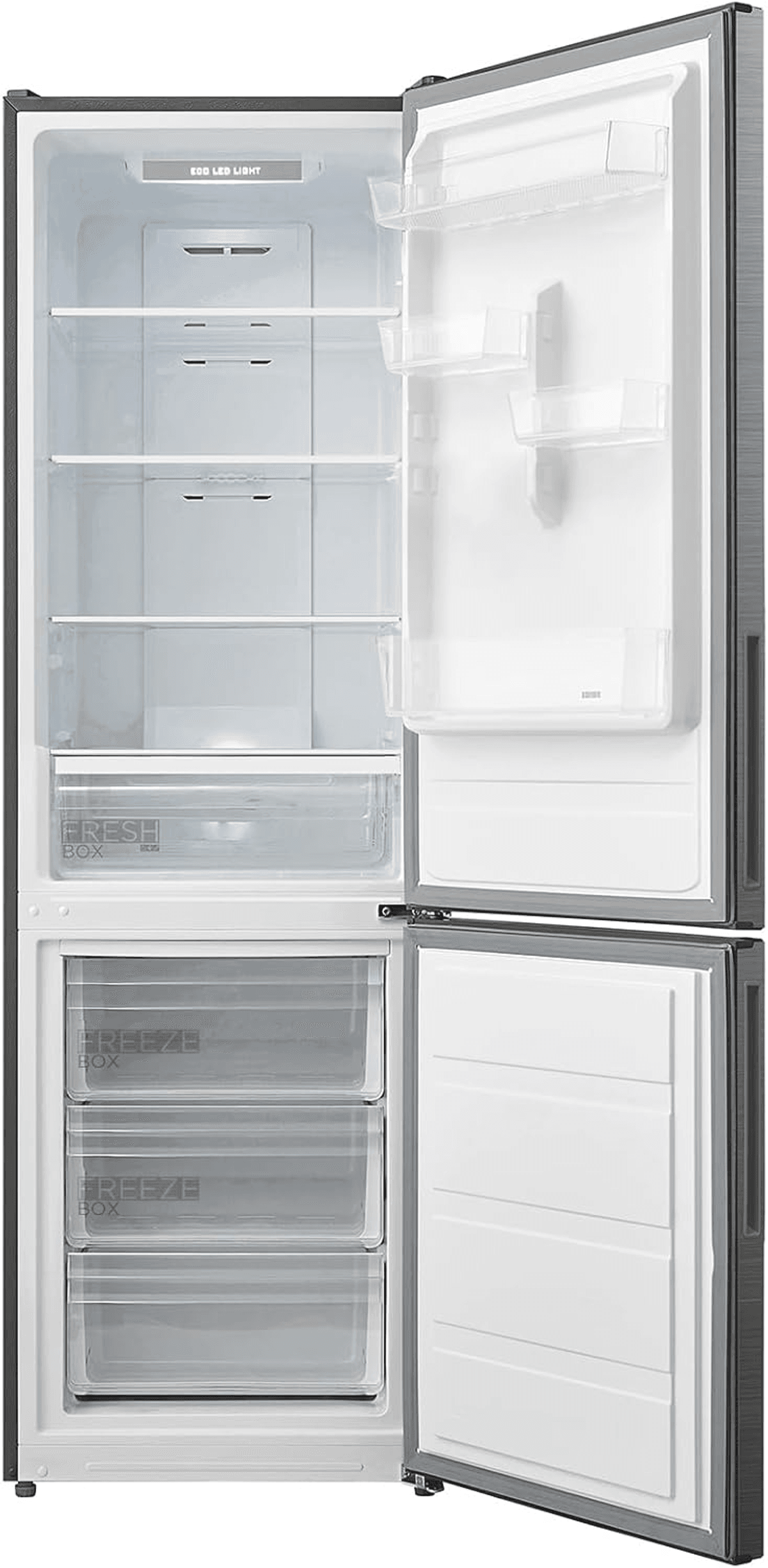 Refrigerador plateado abierto con estantes, caja fresca y cajones de congelador.