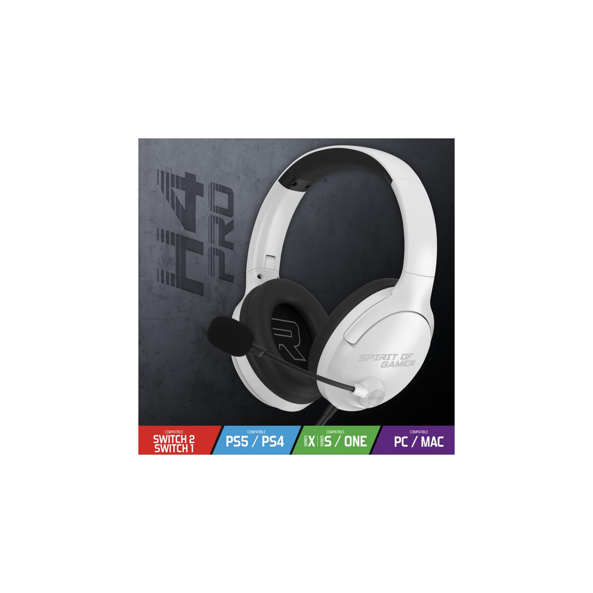 Cuffie da gioco H4 PRO bianche con microfono su sfondo scuro e icone di compatibilità.
