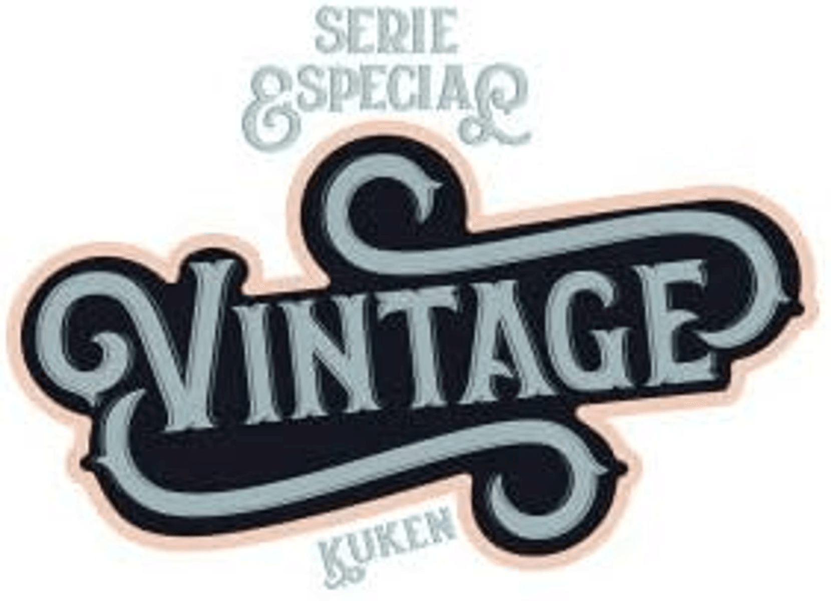 Ein vintage-Schriftzug mit der Aufschrift Serie Especial Vintage Kuken in blau, weiß und schwarz.
