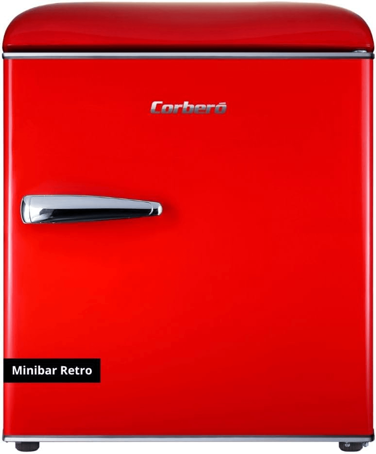 Un minibar retro rojo vibrante con tirador cromado brillante y logo sobre fondo blanco.
