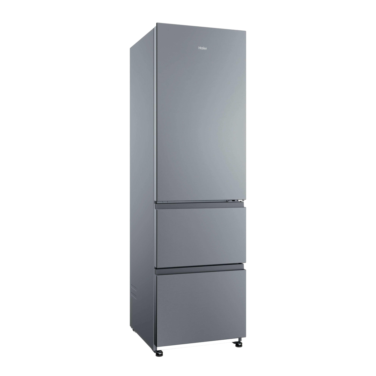 Un frigorífico Haier gris con una puerta superior y dos cajones de congelador inferiores sobre fondo blanco.