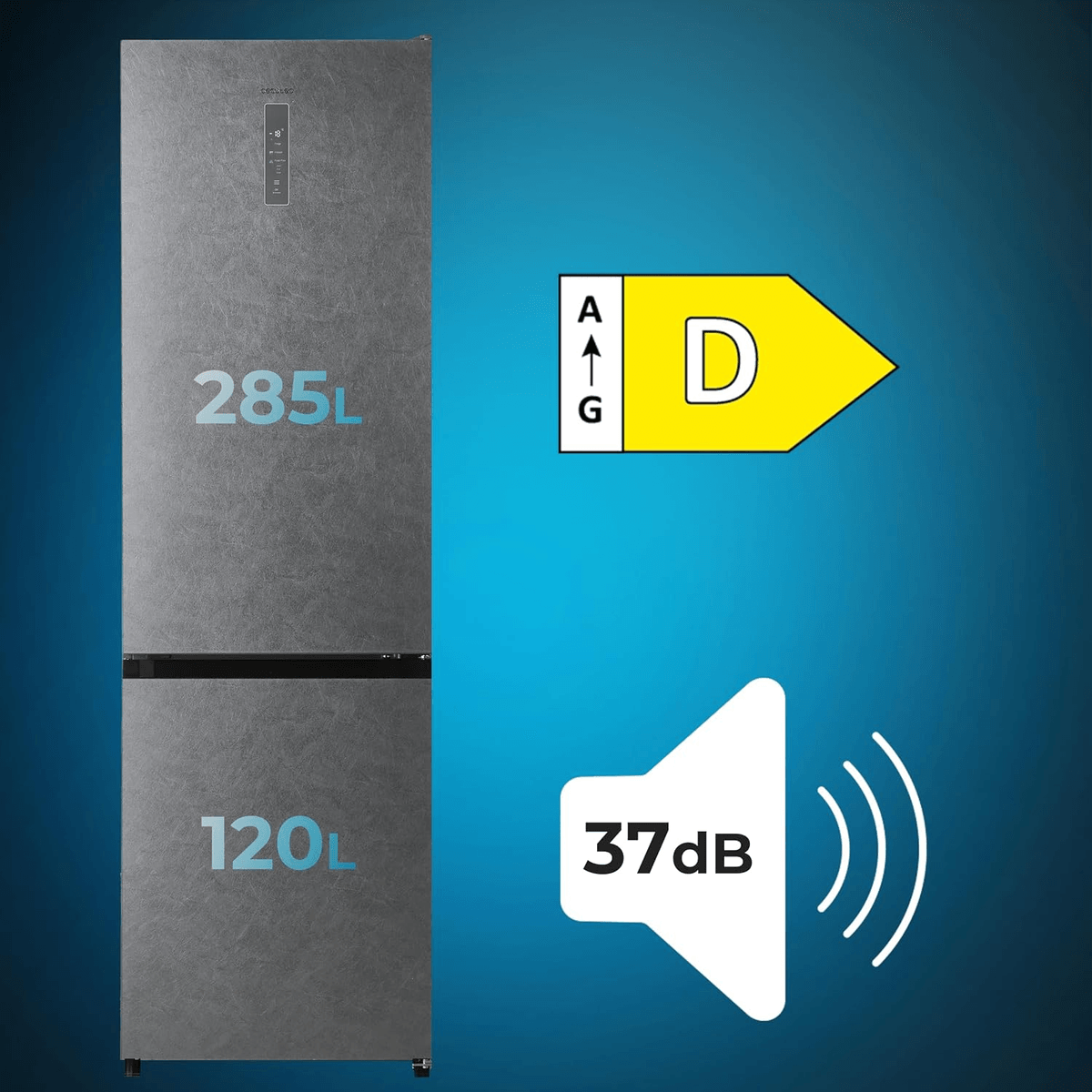 Frigorífico gris con capacidades de 285L y 120L, clase de eficiencia energética D y 37dB.