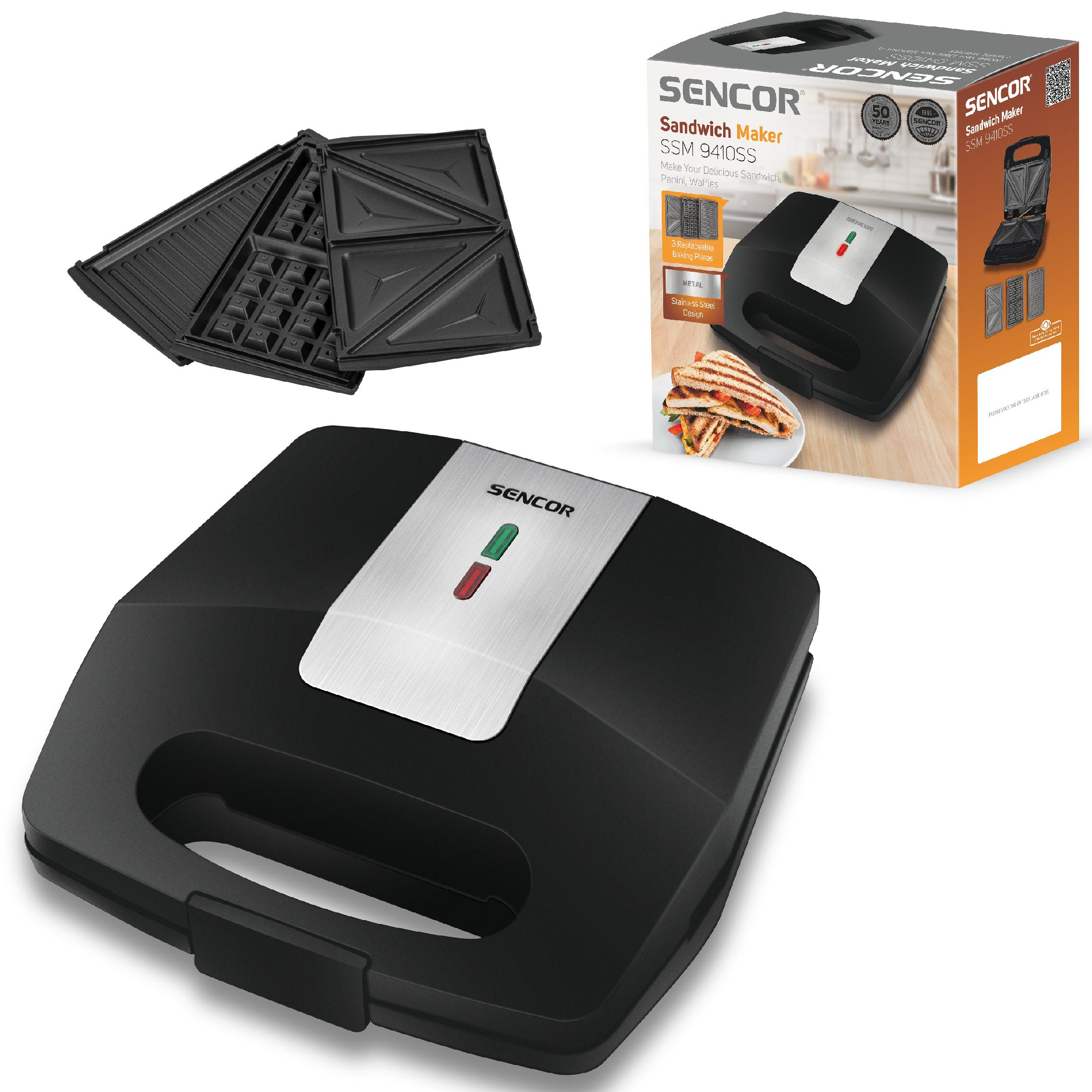 Schwarzer Sencor Sandwichmaker mit drei austauschbaren Platten und Produktverpackung.
