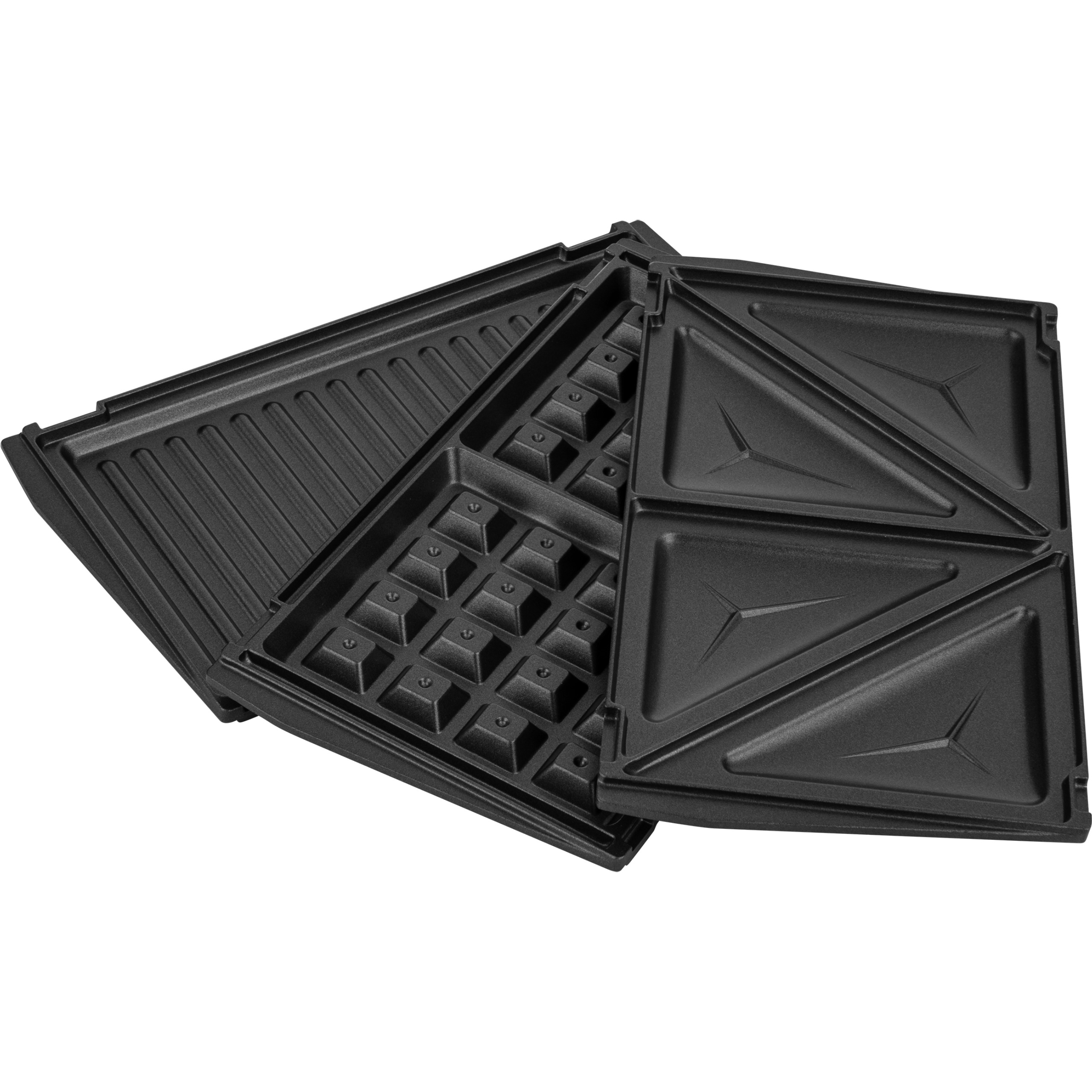Drei austauschbare, schwarze Platten für Waffeln, Sandwiches und Grillgerichte auf weißem Hintergrund.