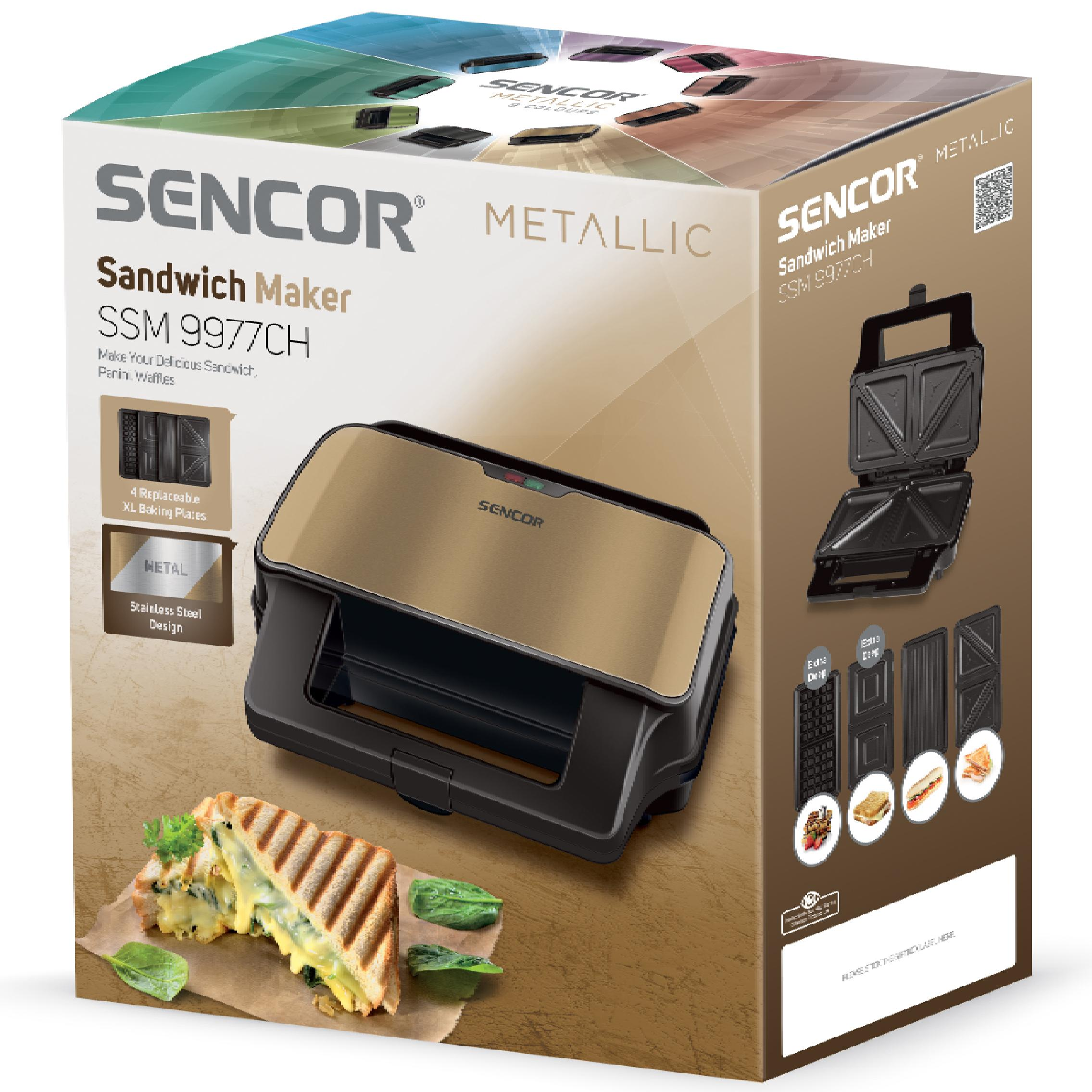 Produktverpackung eines golden-schwarzen Sencor Sandwichmakers mit gegrilltem Sandwich.