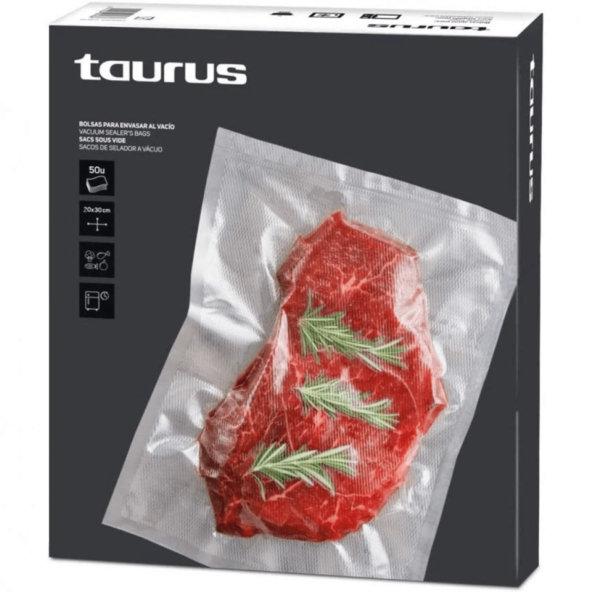 Opakowanie worków próżniowych Taurus z surowym stekiem i rozmarynem.