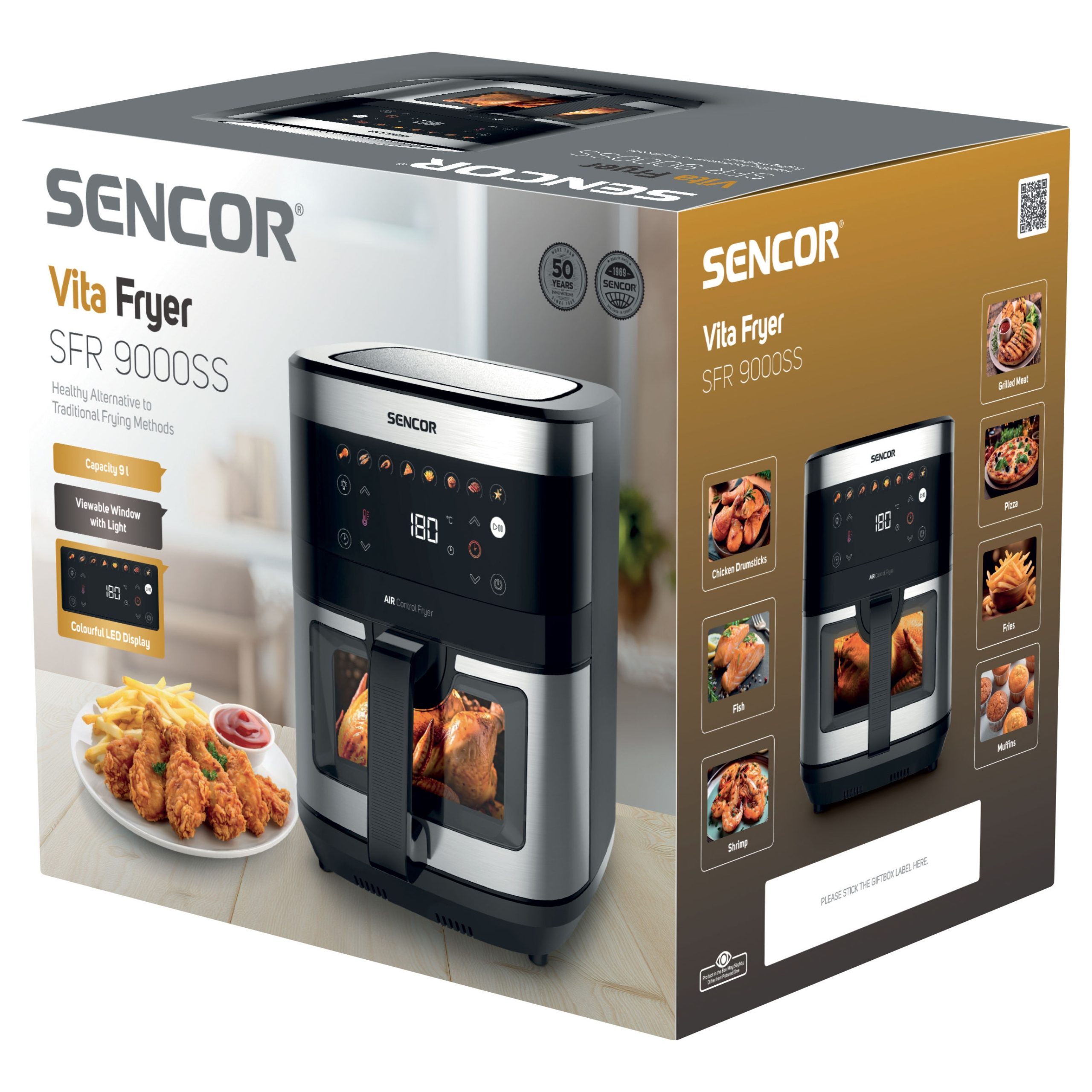 Opakowanie frytkownicy beztłuszczowej Sencor Vita Fryer SFR 9000SS z wizerunkiem urządzenia i potraw.