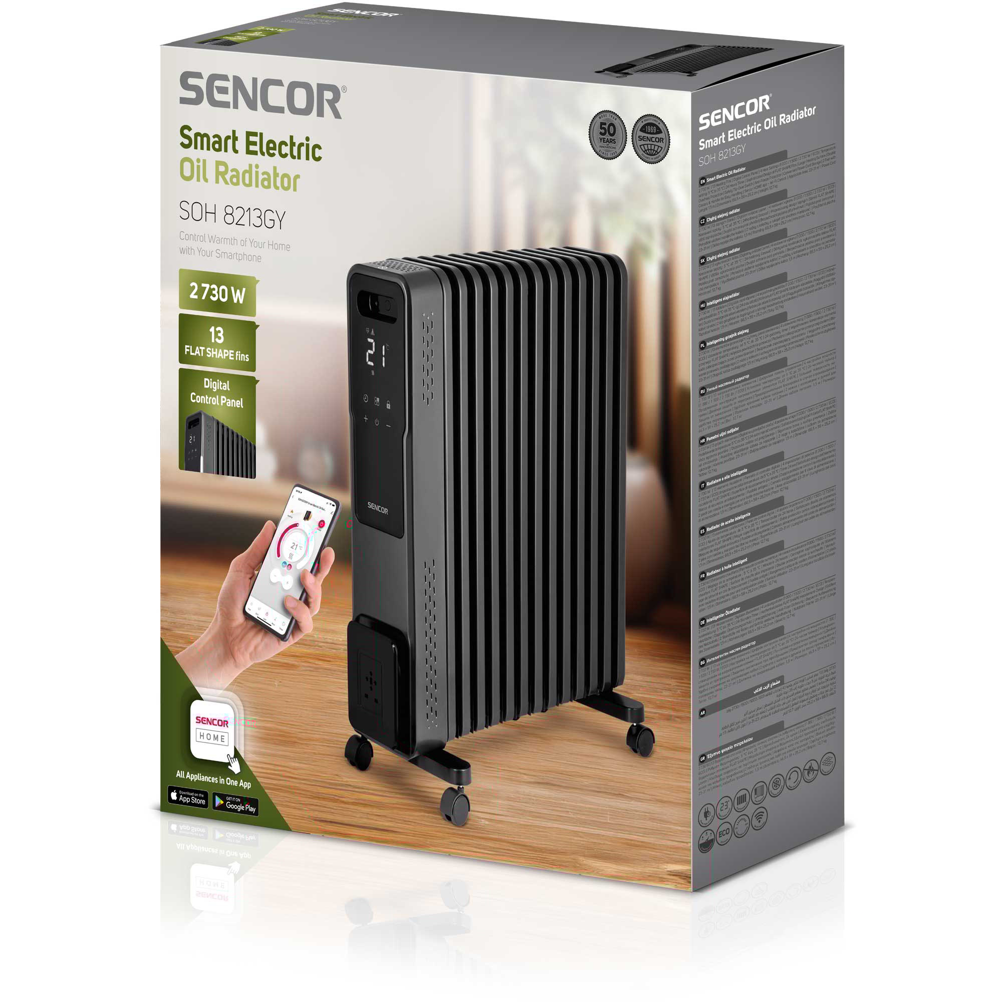 Verpackung eines schwarzen Sencor Smart Electric Oil Radiators mit digitalem Bedienfeld und Rollen.