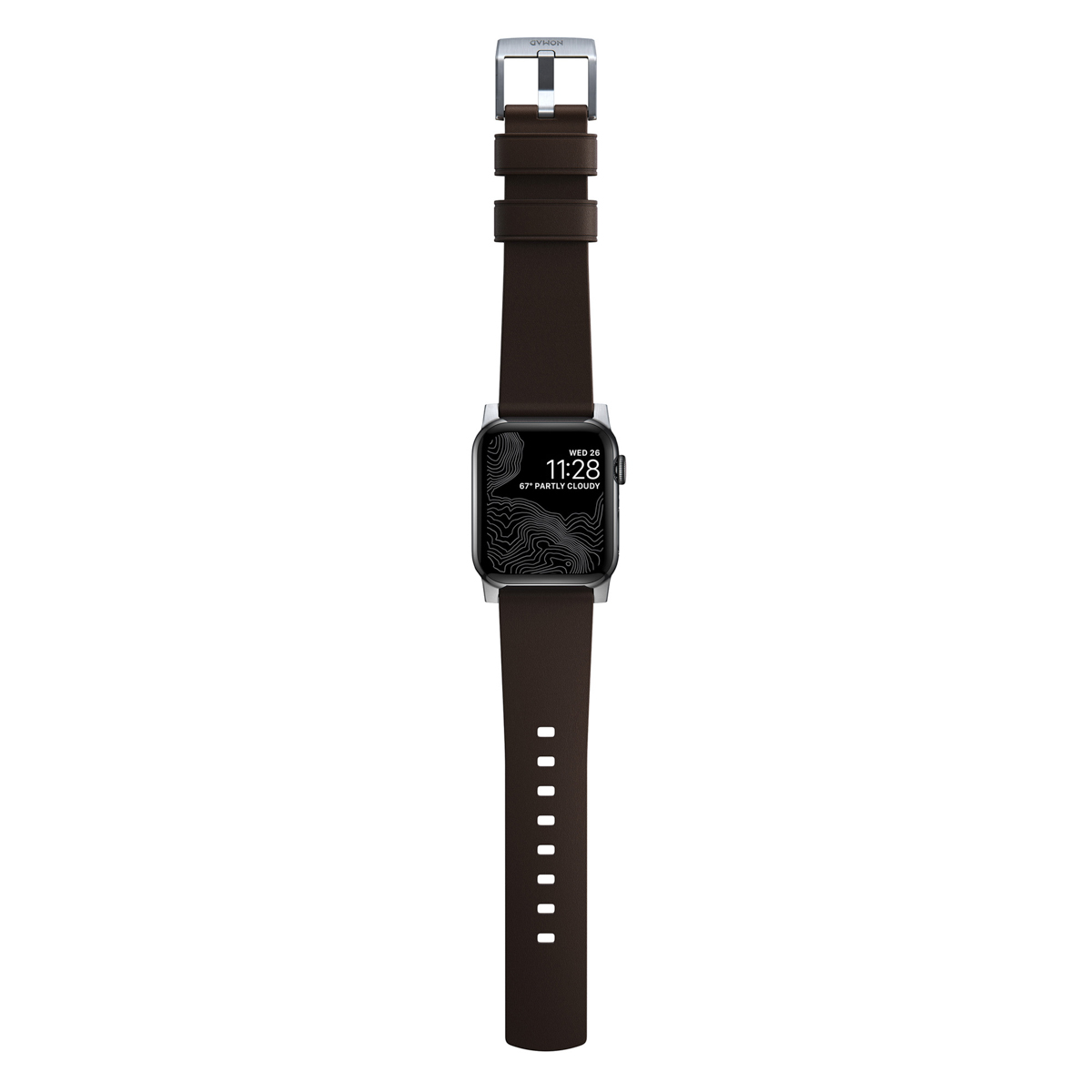 Uno smartwatch con cinturino in pelle marrone e fibbia argentata su sfondo bianco.
