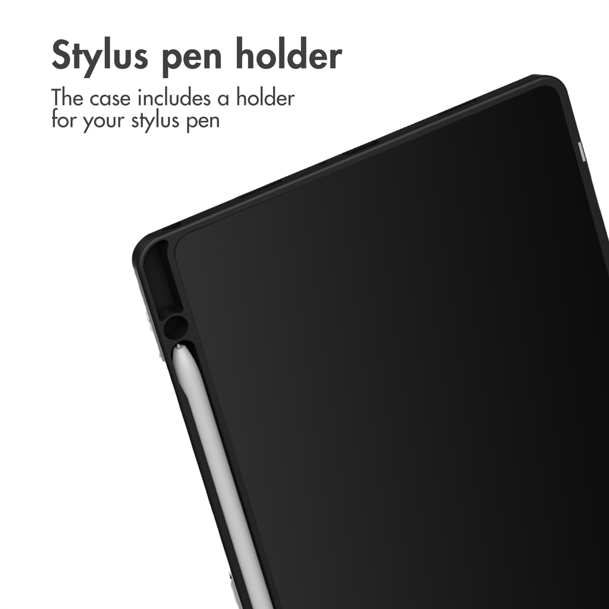 Une tablette noire dans une coque de protection avec un porte-stylet blanc intégré.