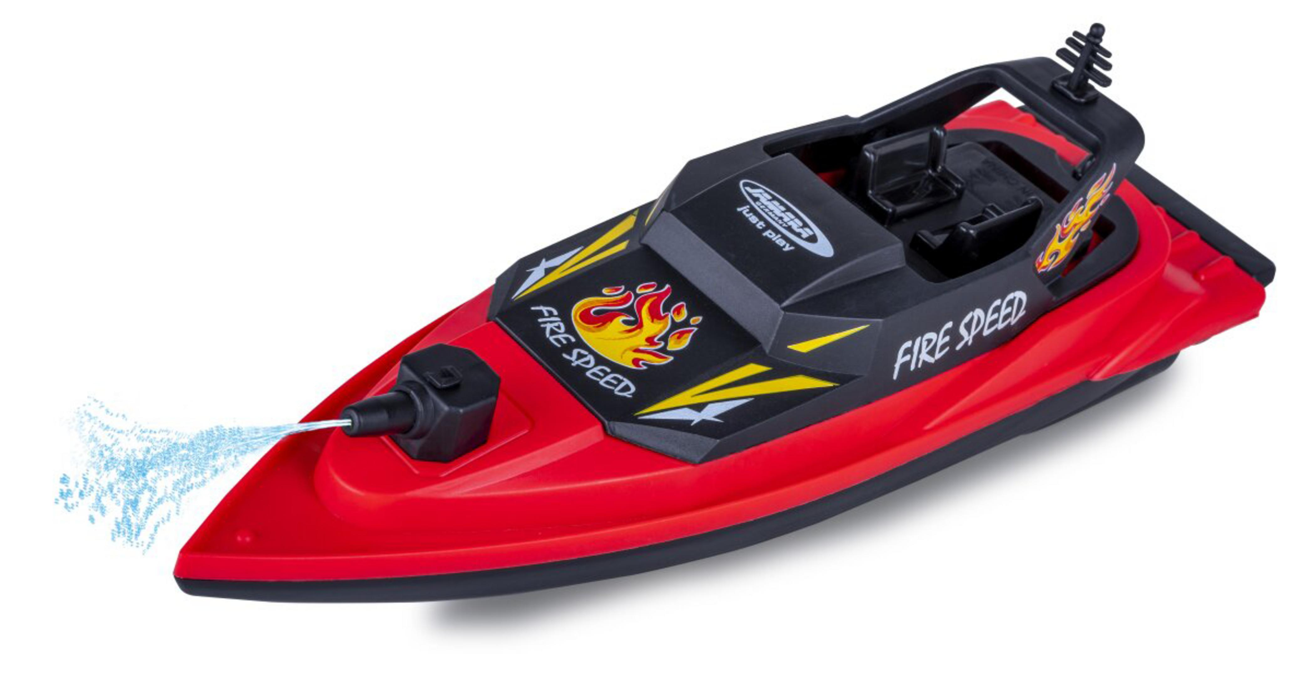 Ein rot-schwarzes Spielzeugboot mit dem Aufdruck Fire Speed spritzt Wasser aus einer Düse.