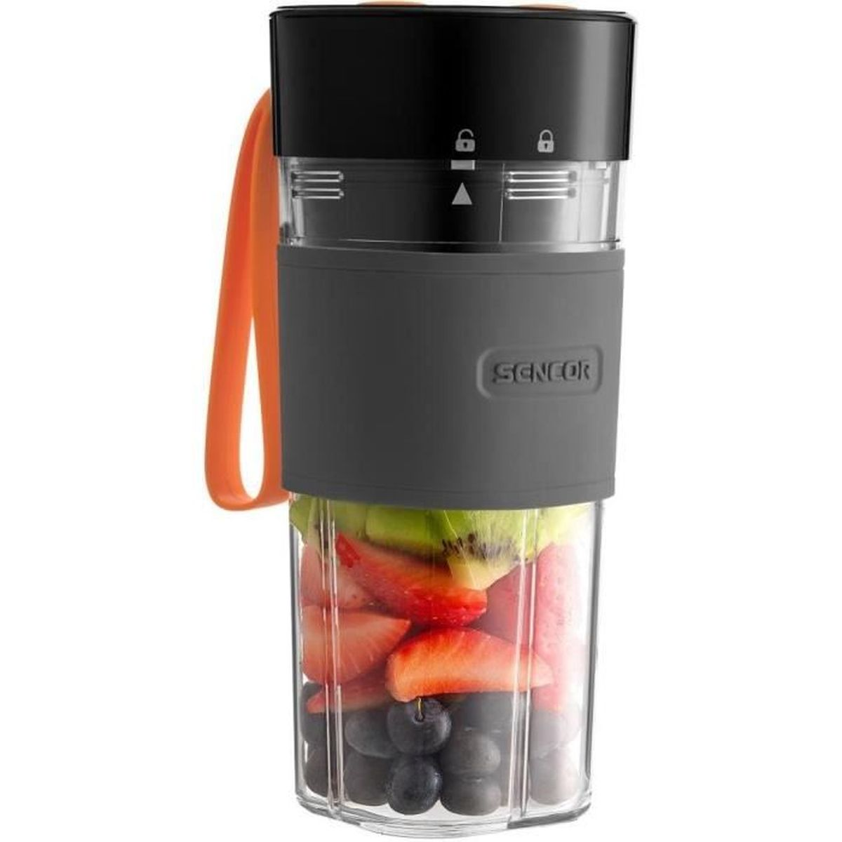Przenośny blender Sencor z czarną pokrywką, szarym paskiem silikonowym, pomarańczowym uchwytem i świeżymi owocami.