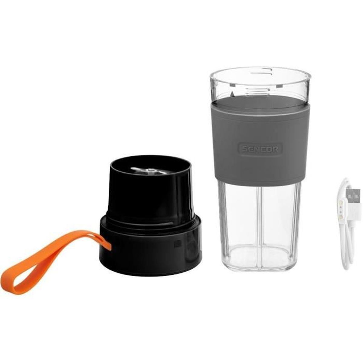 Przenośny czarny blender z szarym kubkiem i pomarańczowym paski na białym tle.