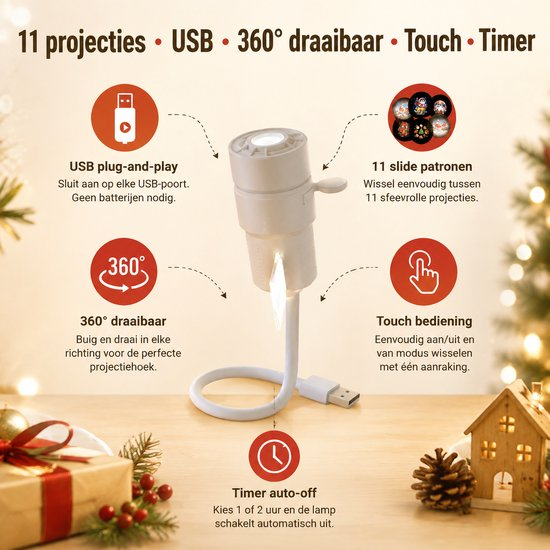 Produktwerbung für eine USB-Projektionslampe mit 11 Motiven, 360-Grad-Drehung und Timer auf einem Holztisch.