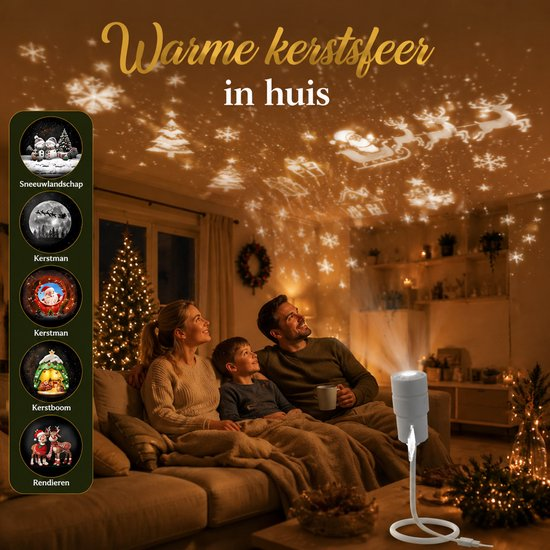 Familie sitzt auf dem Sofa, während ein Projektor Weihnachtsmotive an die Decke strahlt.