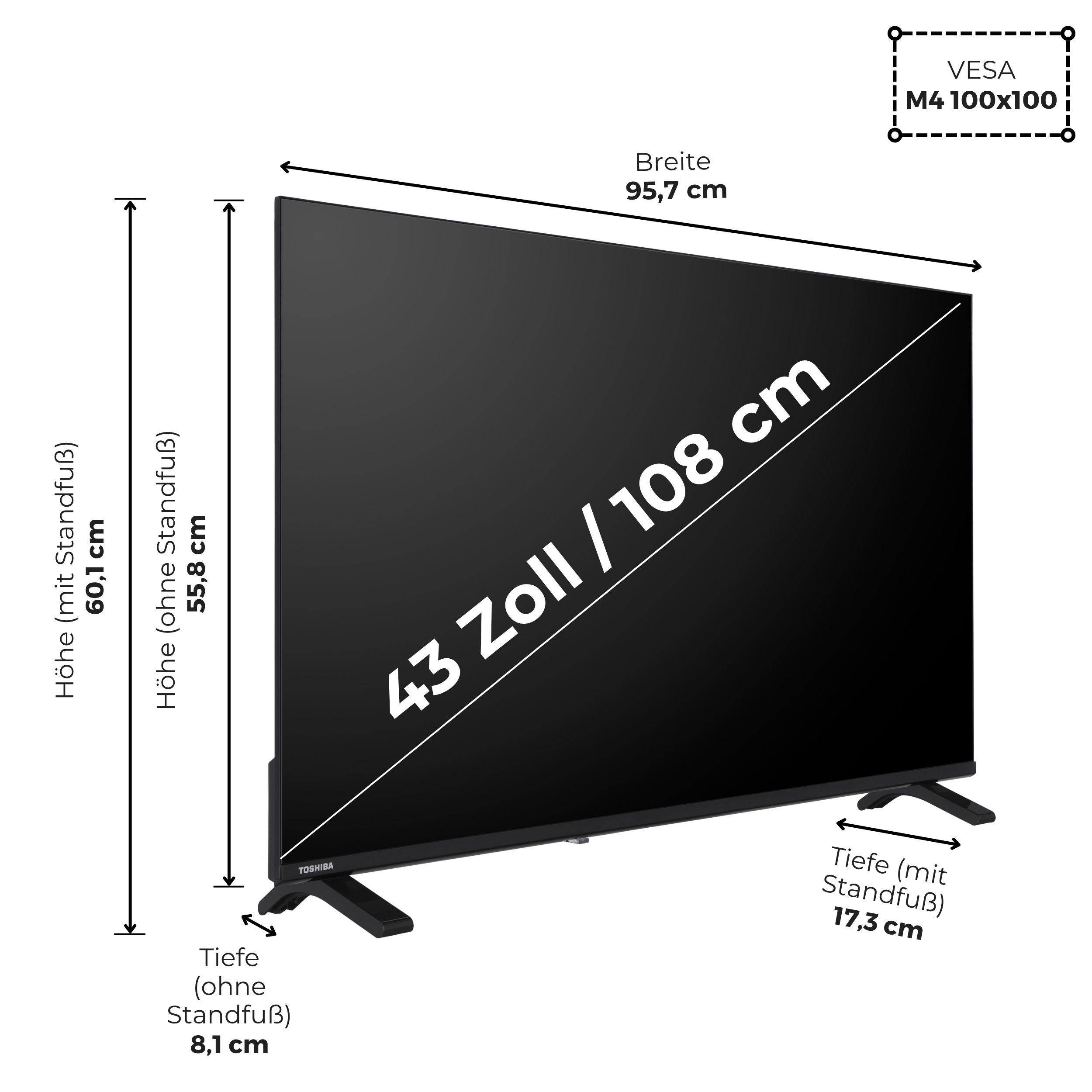 Diagramm eines 43-Zoll-Toshiba-Fernsehers mit Maßen für Breite, Höhe und Tiefe.