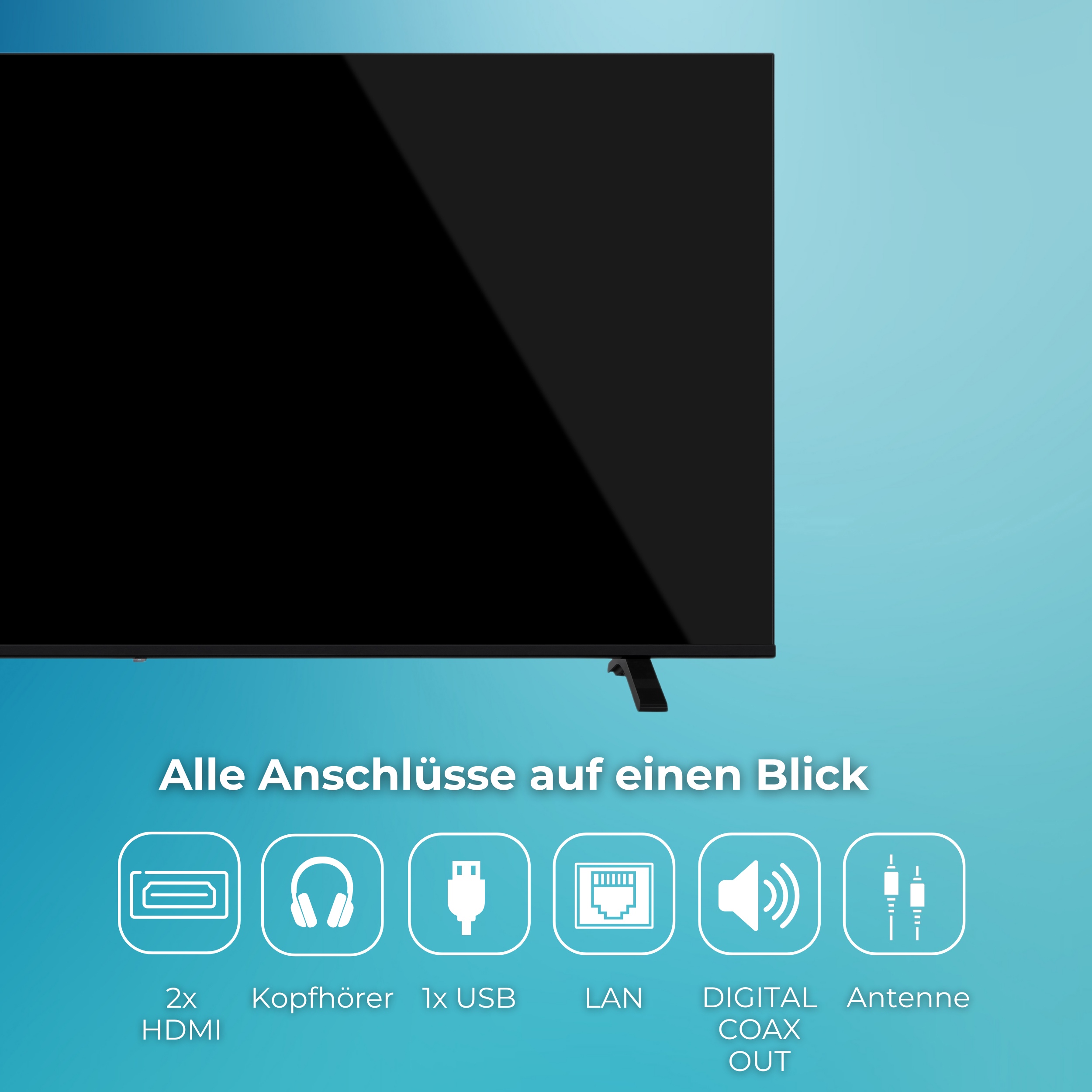 Fernseher auf blauem Hintergrund mit Symbolen für die Anschlüsse wie HDMI, USB und LAN.