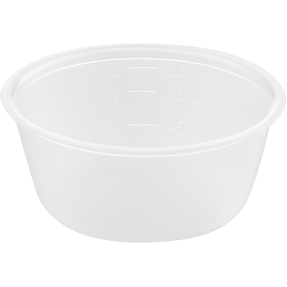 Mała biała plastikowa miseczka z widocznymi podziałkami w mililitrach.