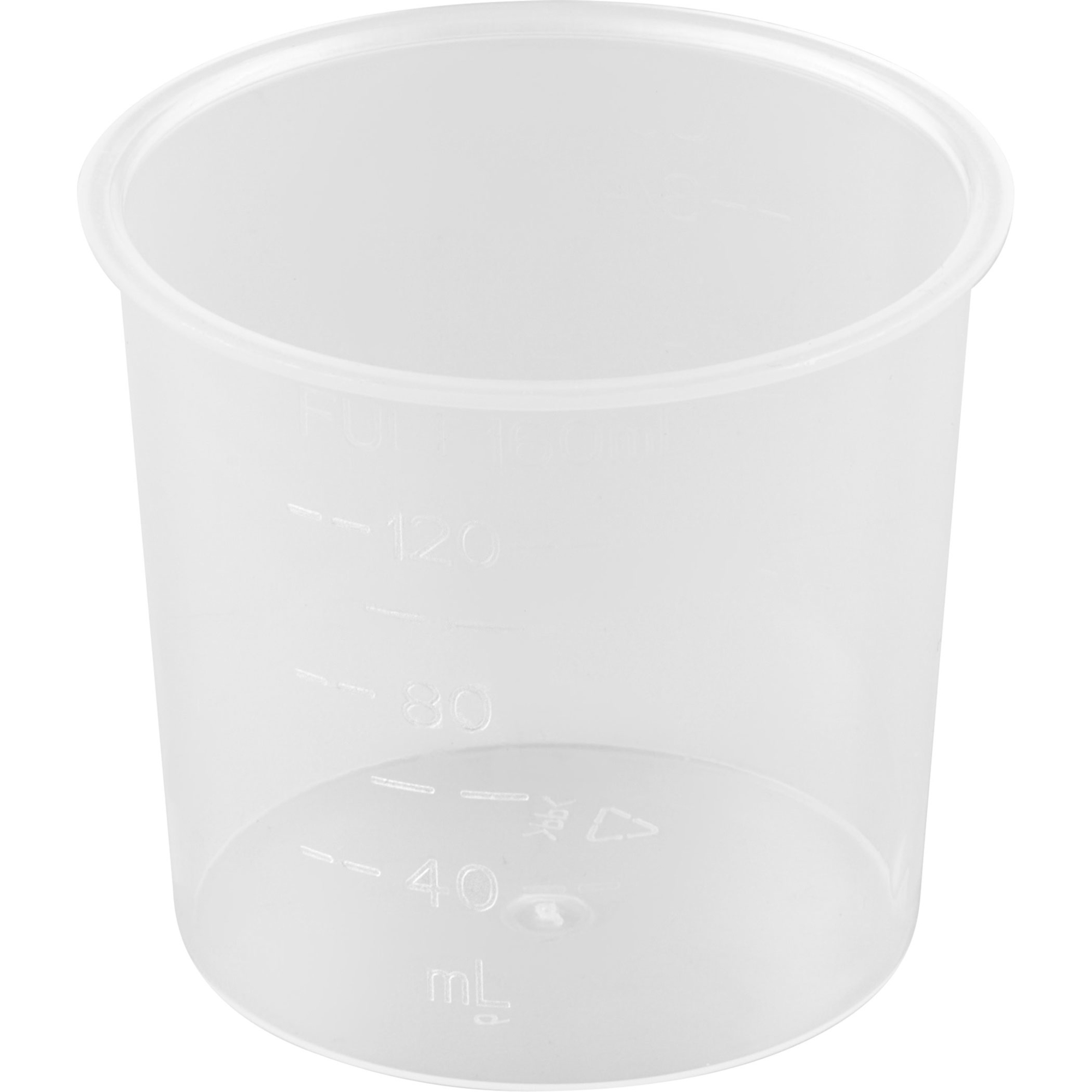 Mały, przezroczysty plastikowy kubek miarowy z podziałką w ml.