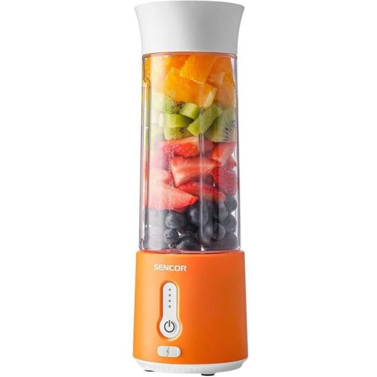 Przenośny pomarańczowo-biały blender Sencor wypełniony warstwami pomarańczy, kiwi, truskawek i jagód.