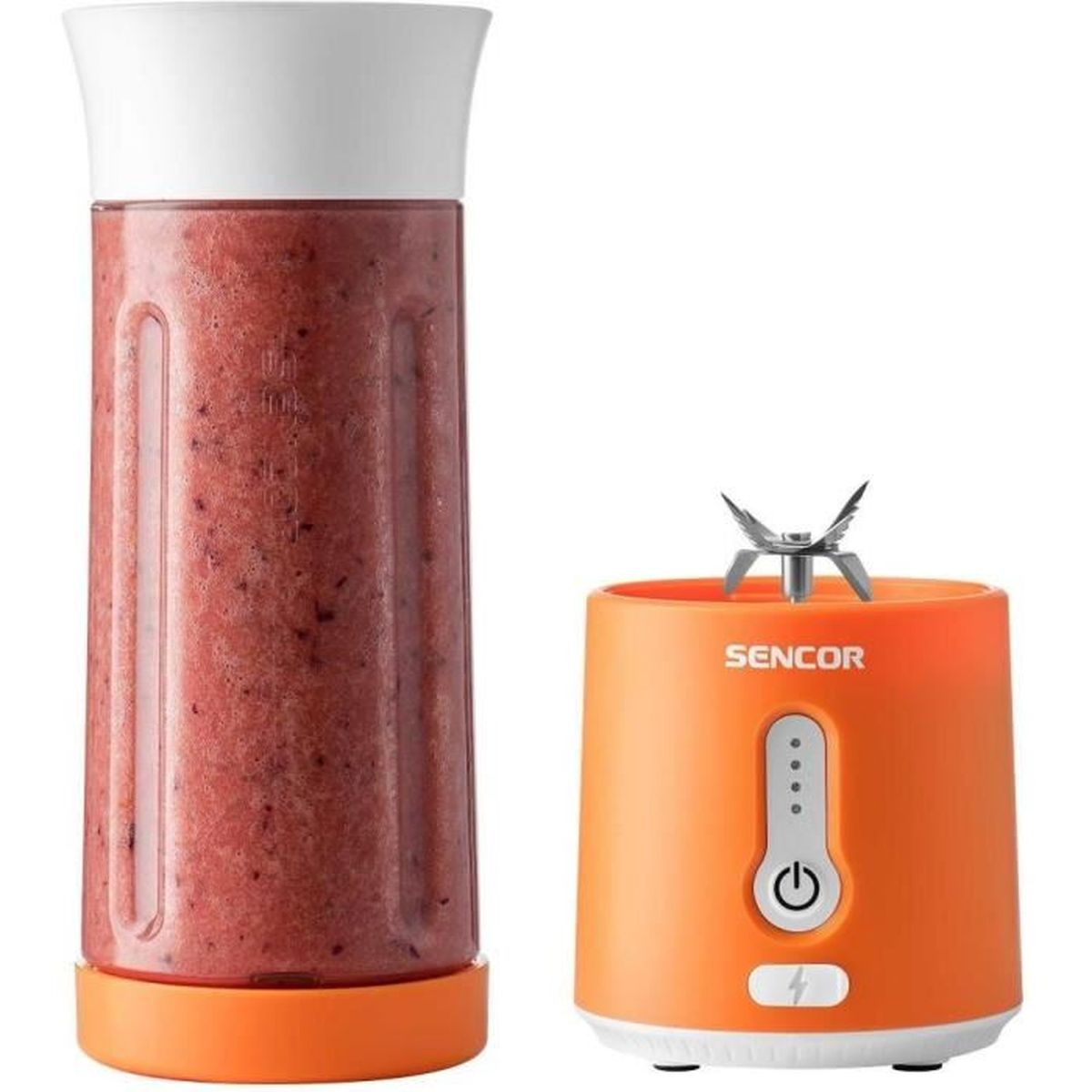 Pomarańczowy blender Sencor z osobnym pojemnikiem wypełnionym czerwonym smoothie na białym tle.