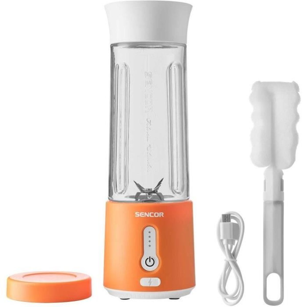 Pomarańczowy przenośny blender Sencor z białą pokrywką, kablem ładującym i szczoteczką na białym tle.