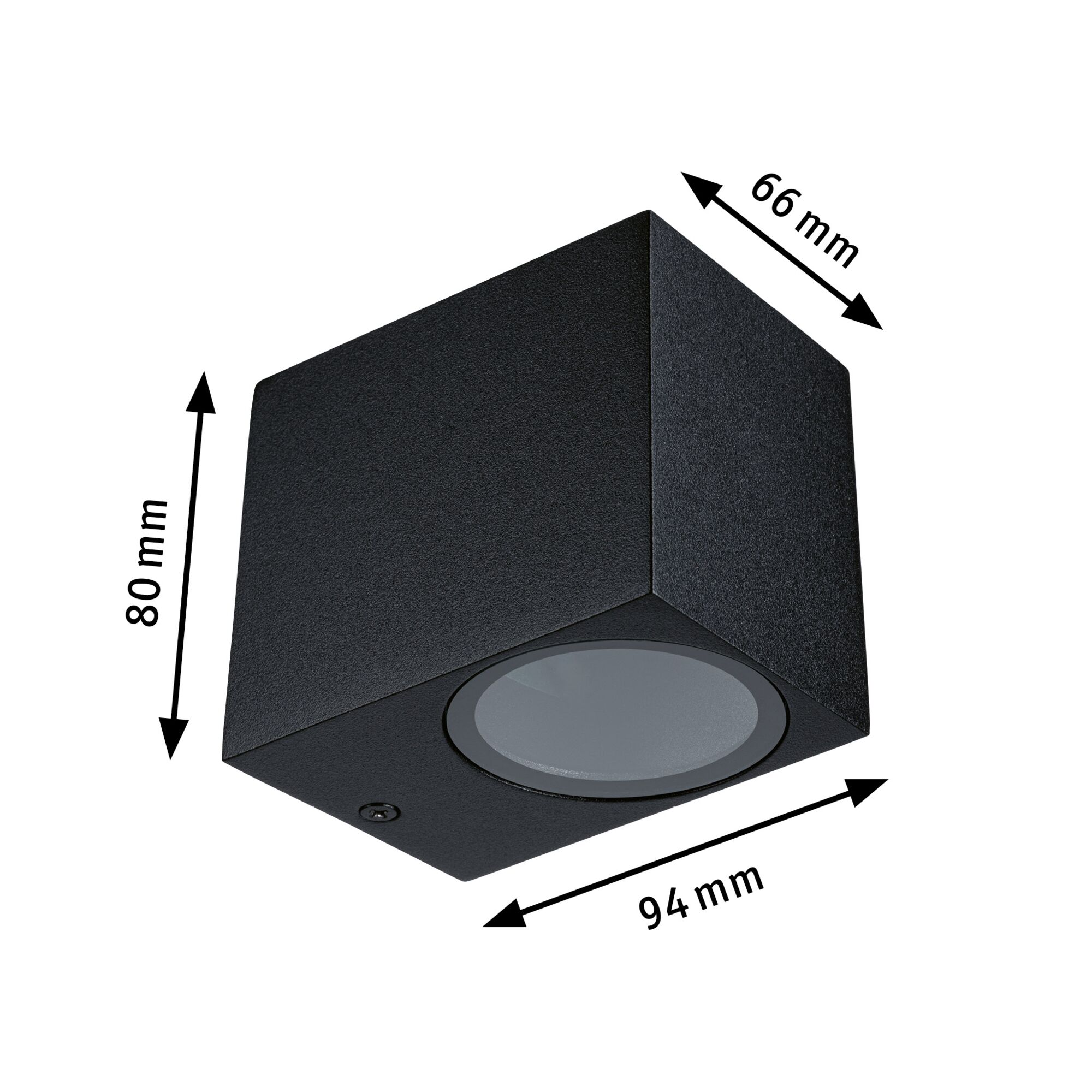 Schwarze kubische Wandlampe mit Maßen von 80x66x94 mm.