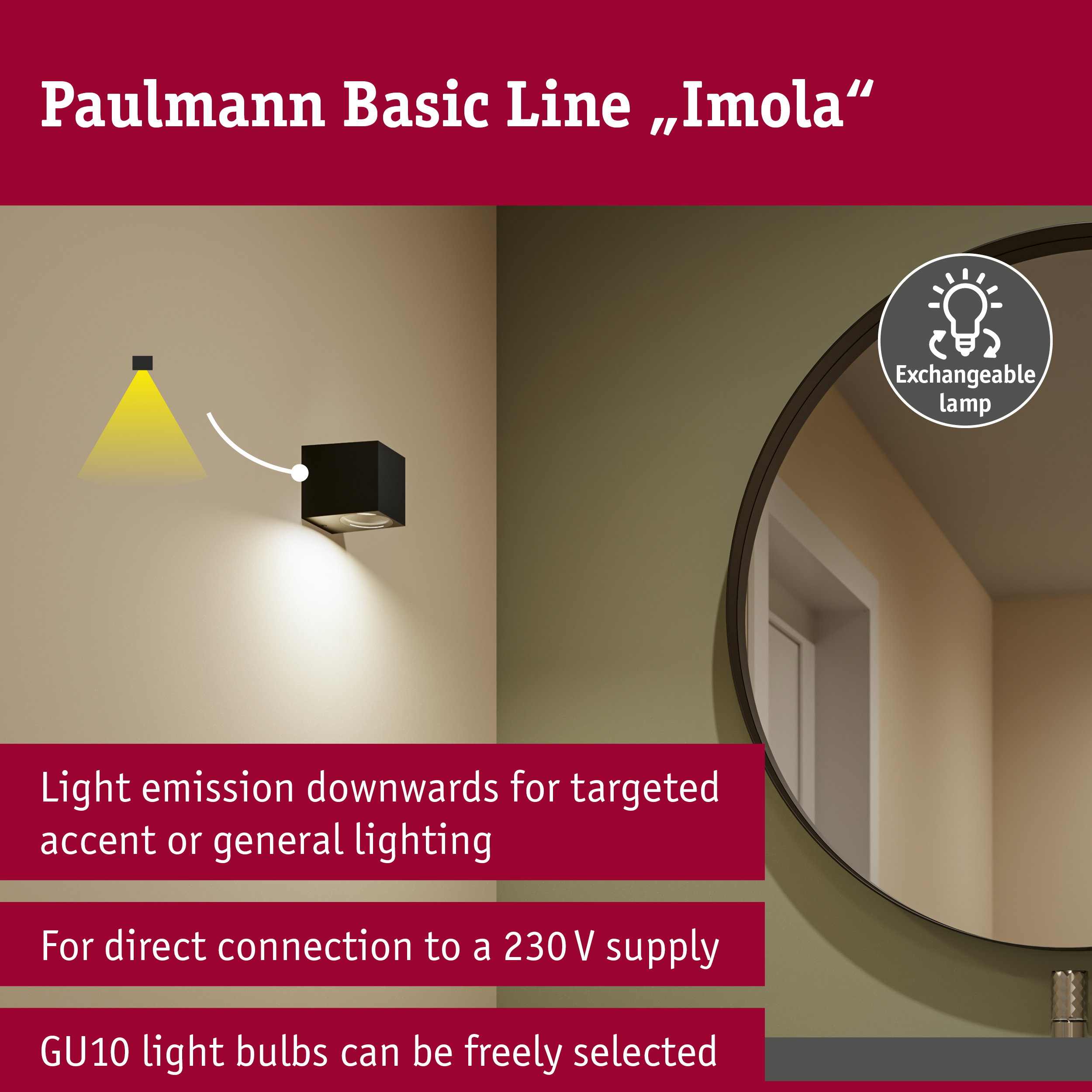 Wandlampe Imola mit Abwärtslicht, GU10 Fassung und austauschbarem Leuchtmittel an beiger Wand neben Spiegel.