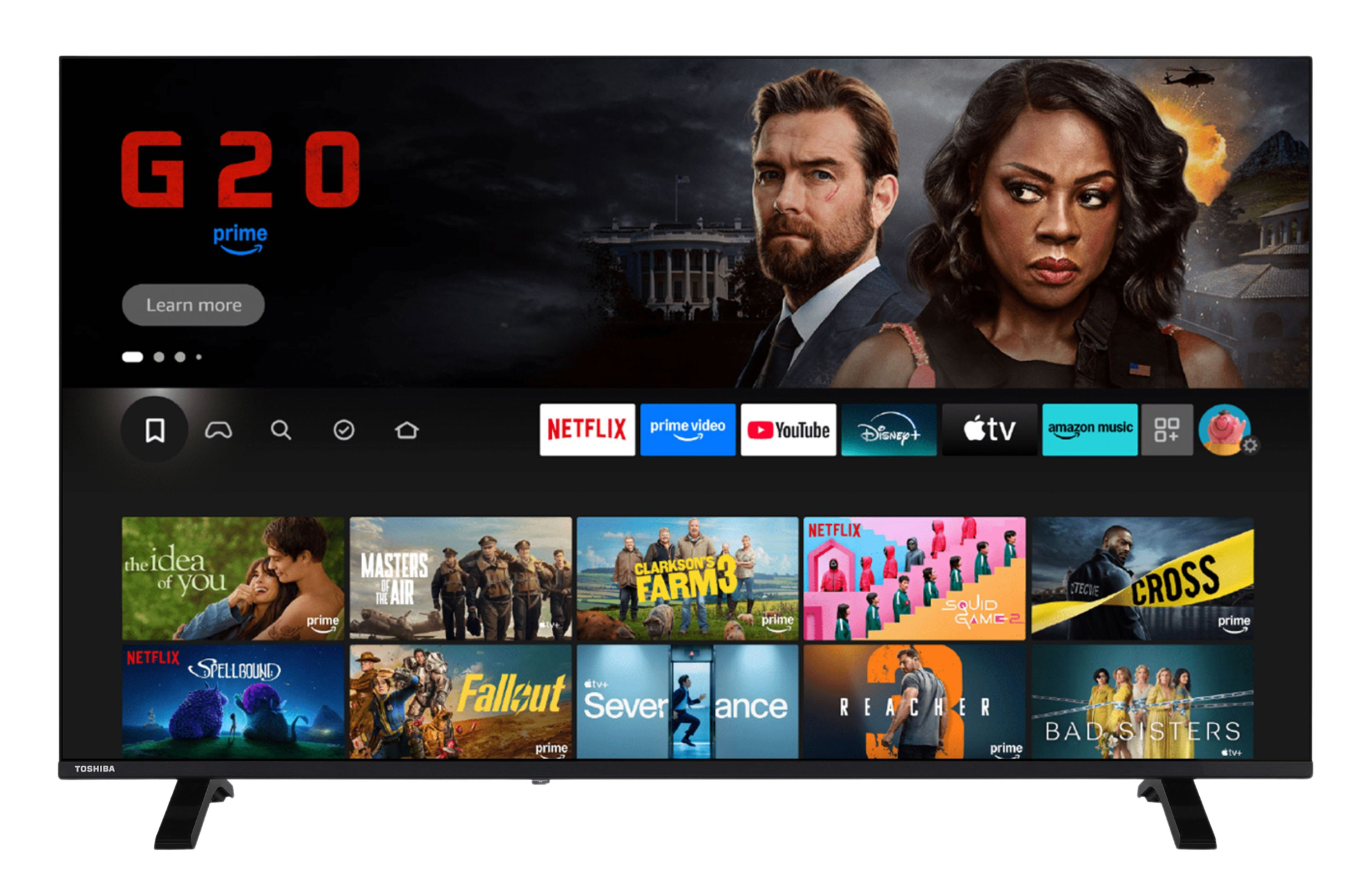 Smart-TV-Bildschirm mit Prime Video-Startseite und verschiedenen Streaming-App-Symbolen und Serien-Vorschaubildern.
