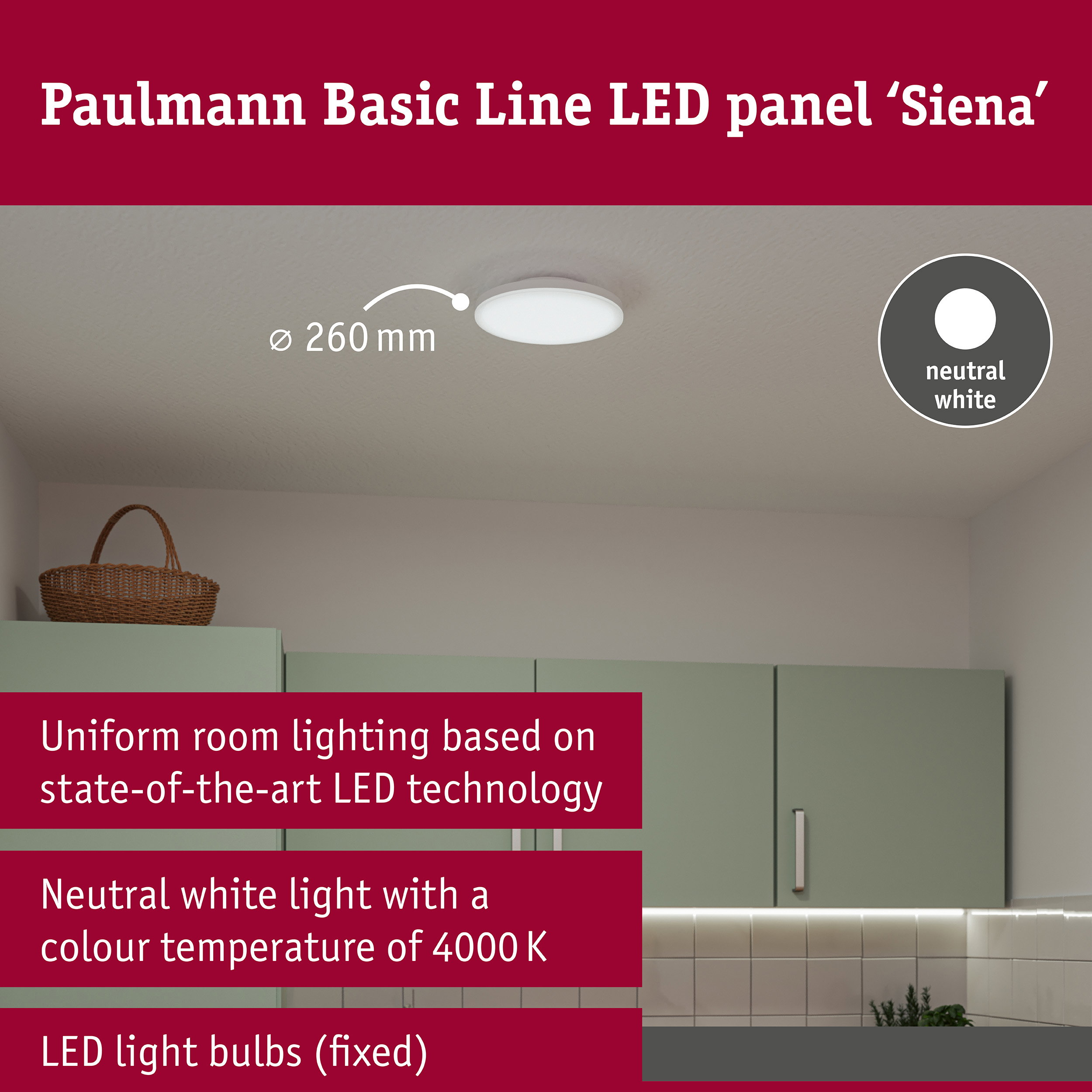 Runde Paulmann LED-Deckenleuchte 'Siena' 260mm mit neutralweißem Licht in einer modernen Küche.