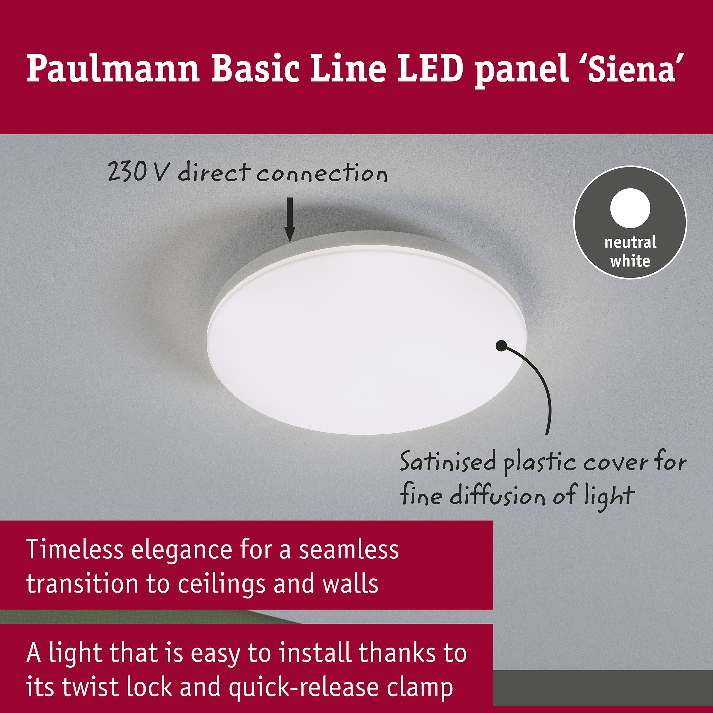 Ein rundes, weißes LED-Panel an einer grauen Decke zeigt neutralweißes Licht und einfache Montageeigenschaften.