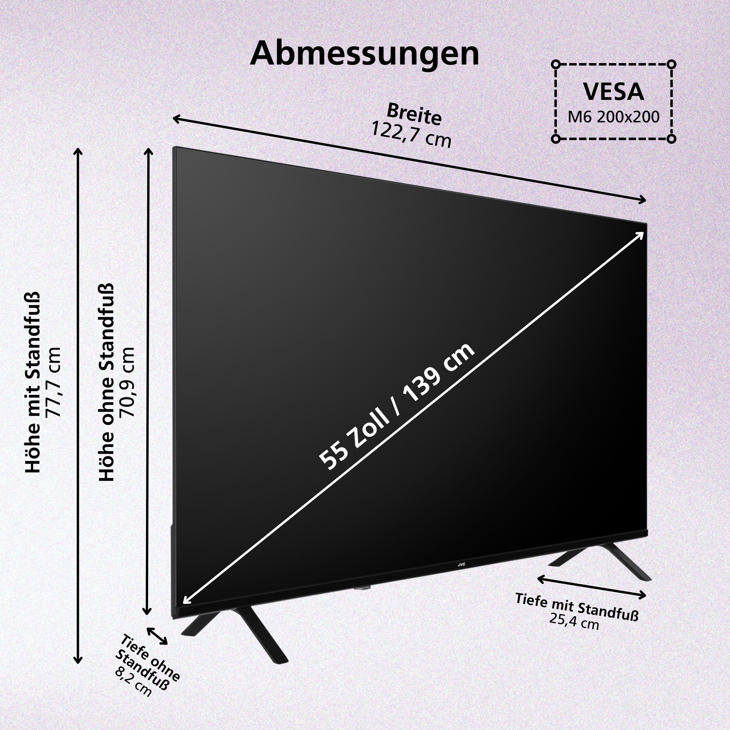 Diagramm zeigt die Abmessungen eines 55-Zoll-Fernsehers mit VESA-Halterung.