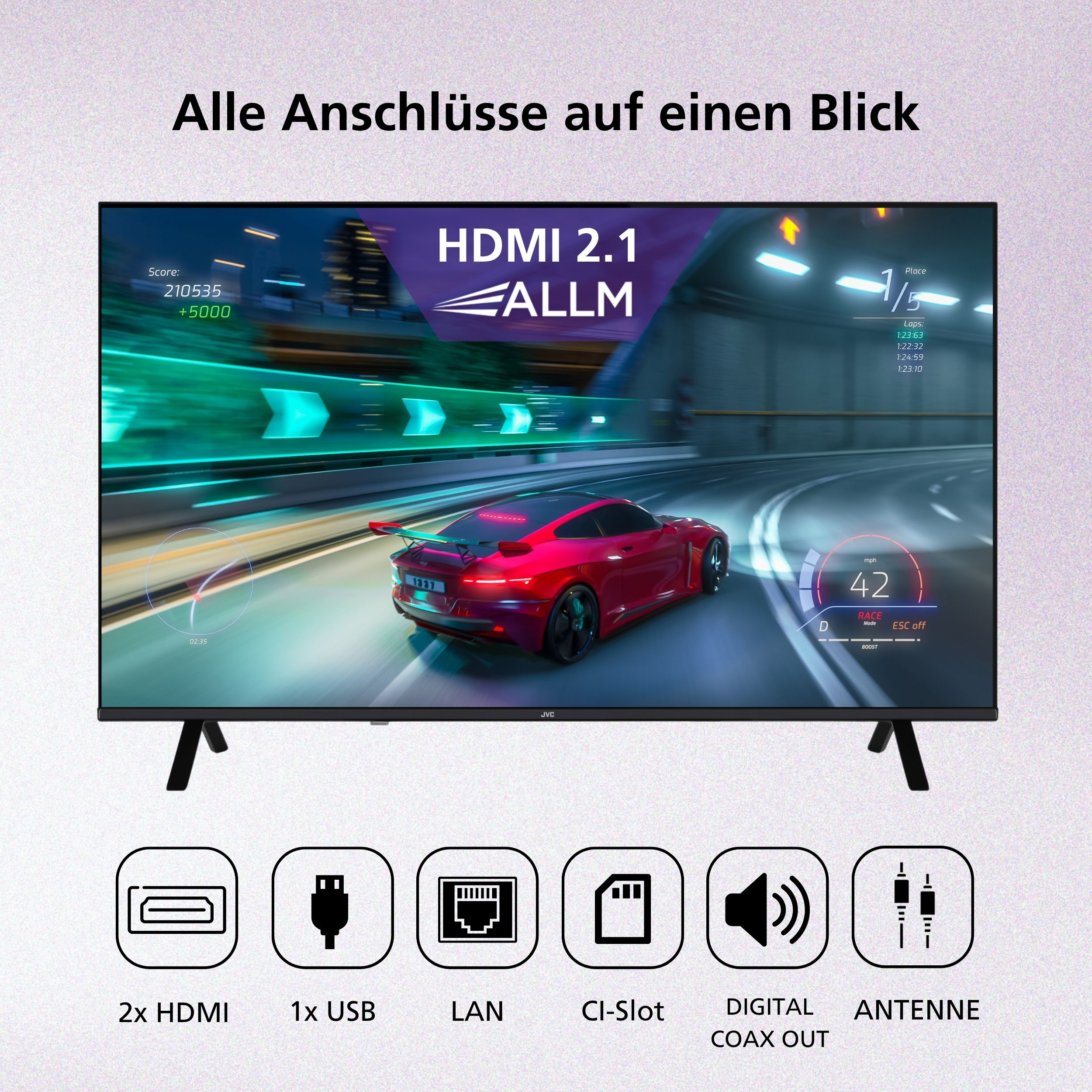 Ein JVC-Fernseher zeigt ein Rennspiel, betont HDMI 2.1 ALLM, mit Symbolen der Anschlüsse darunter.