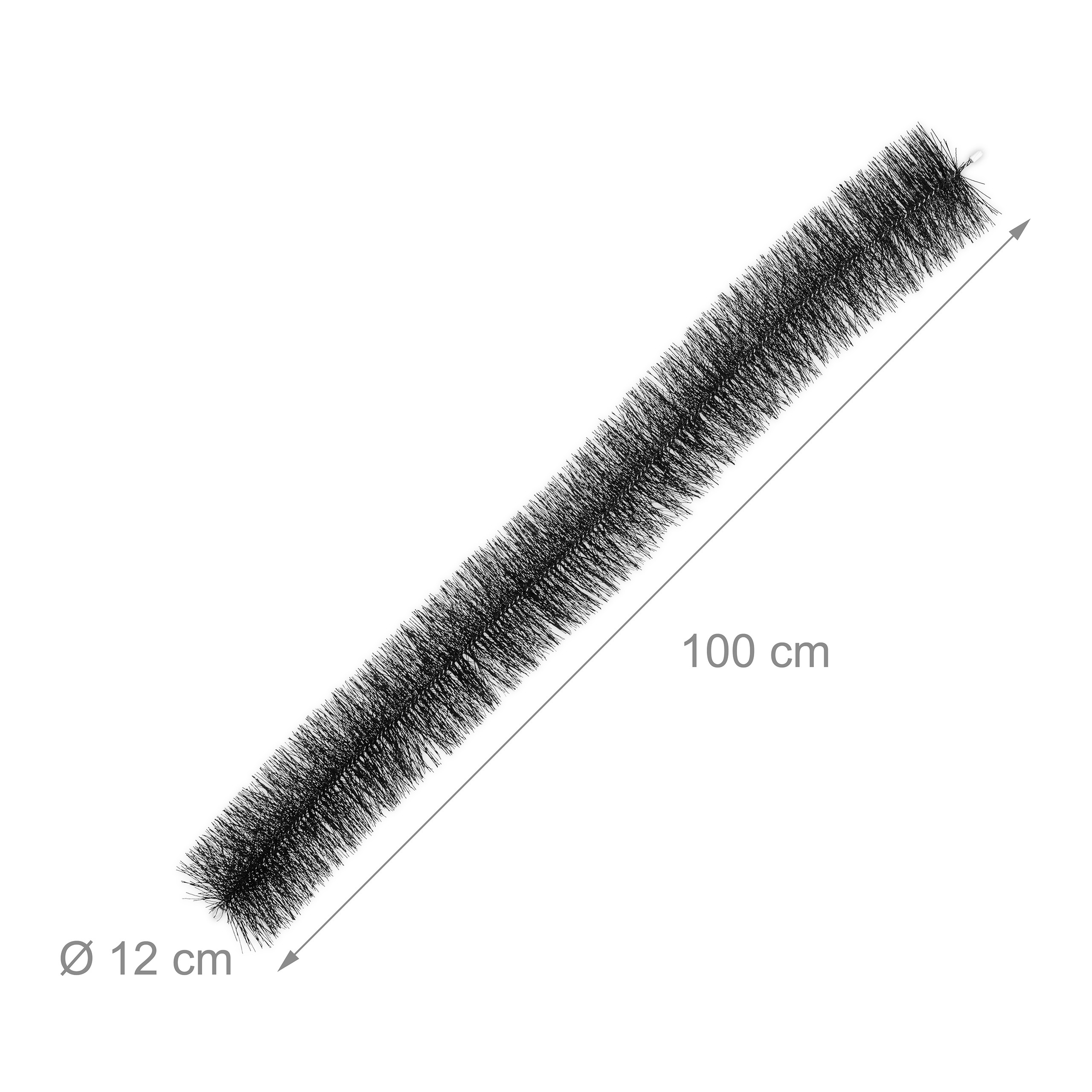 Schwarze Rohrreinigungsbürste, 100 cm lang, 12 cm Durchmesser.