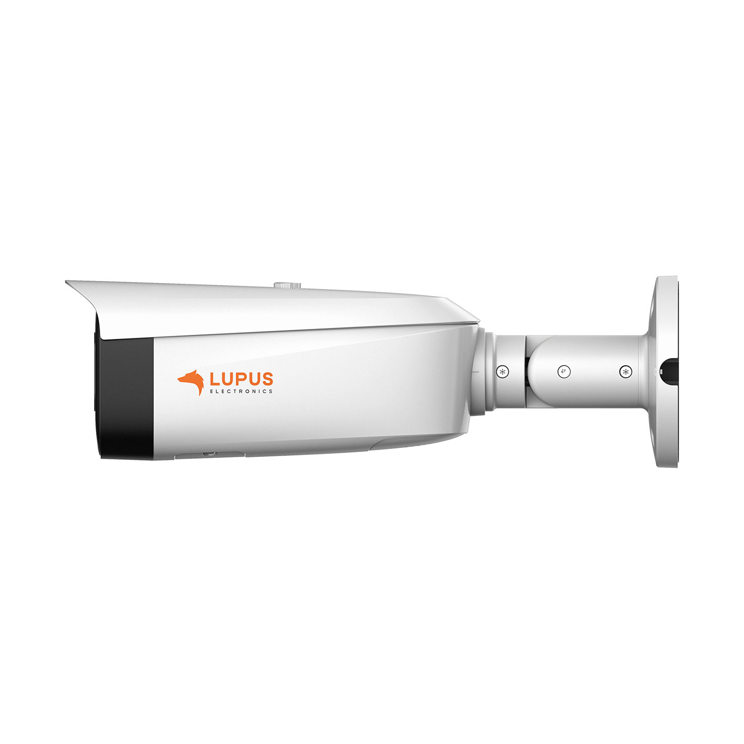 Eine weiße Überwachungskamera mit orangem Lupus-Electronics-Logo, horizontal auf weißem Hintergrund.
