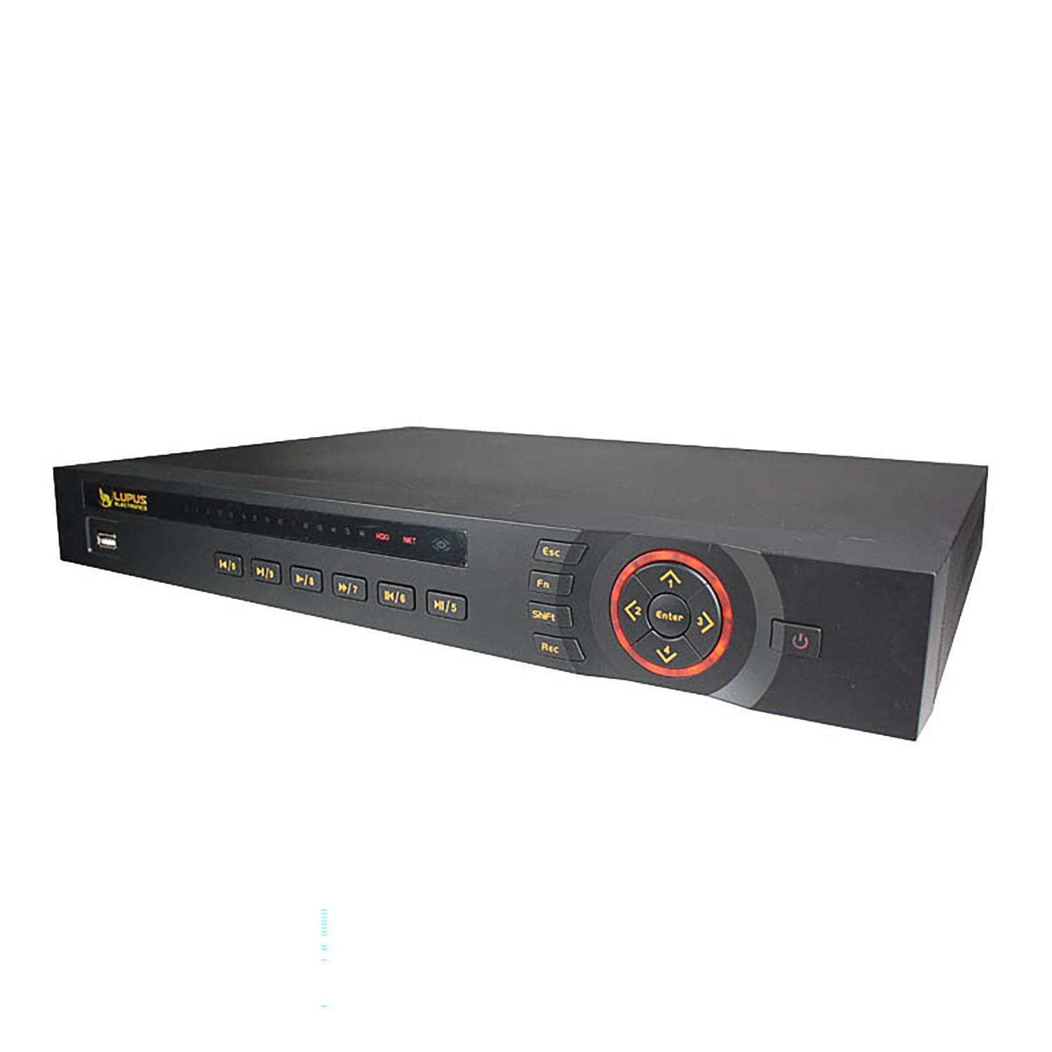 Schwarzer Lupus Electronics DVR-Rekorder mit gelben Bedienelementen und einem beleuchteten roten Navigationsring.