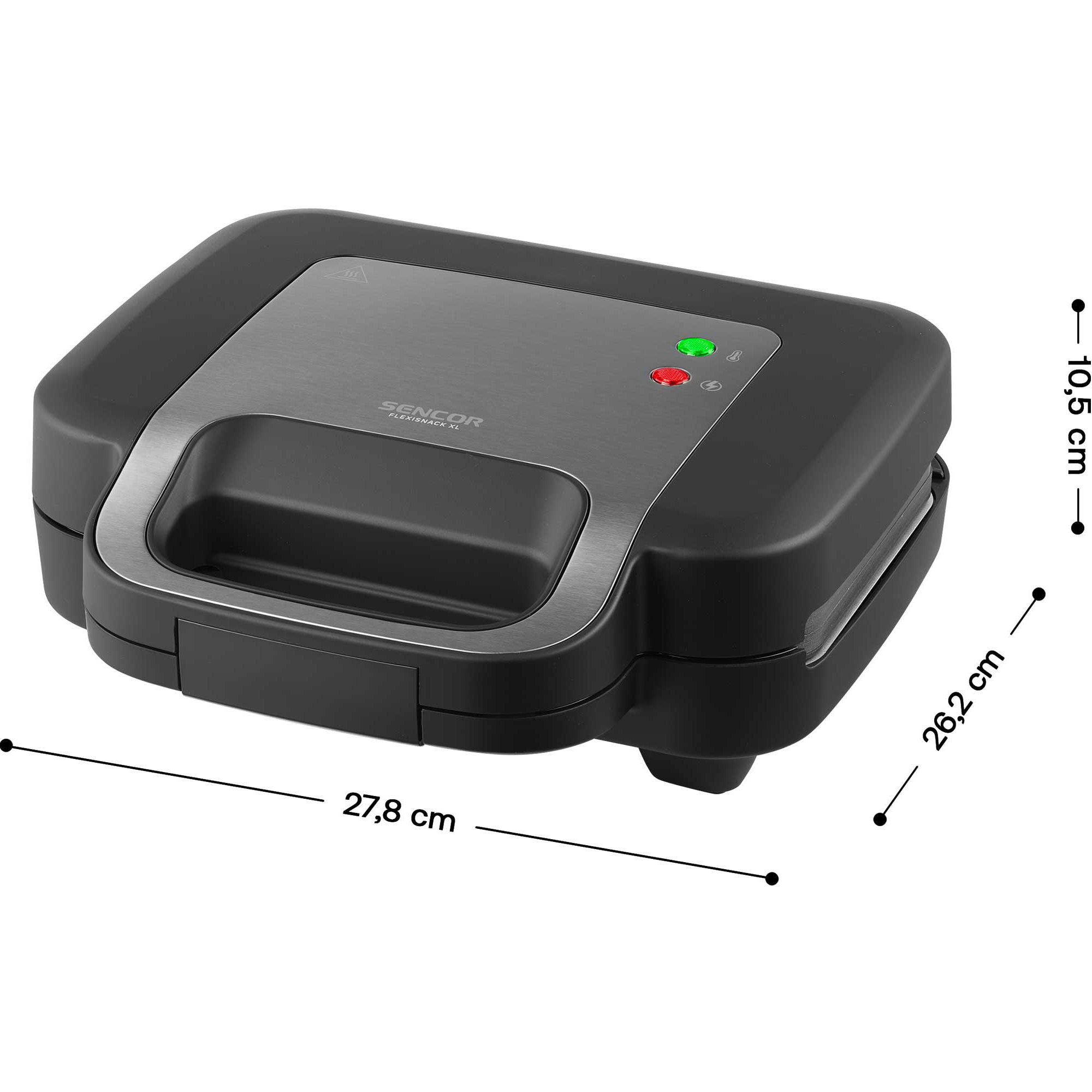Czarno-srebrny opiekacz do kanapek Sencor z liniami wymiarowymi wskazującymi jego rozmiar: 27,8 cm szerokości, 26,2 cm głębokości i 10,5 cm wysokości.