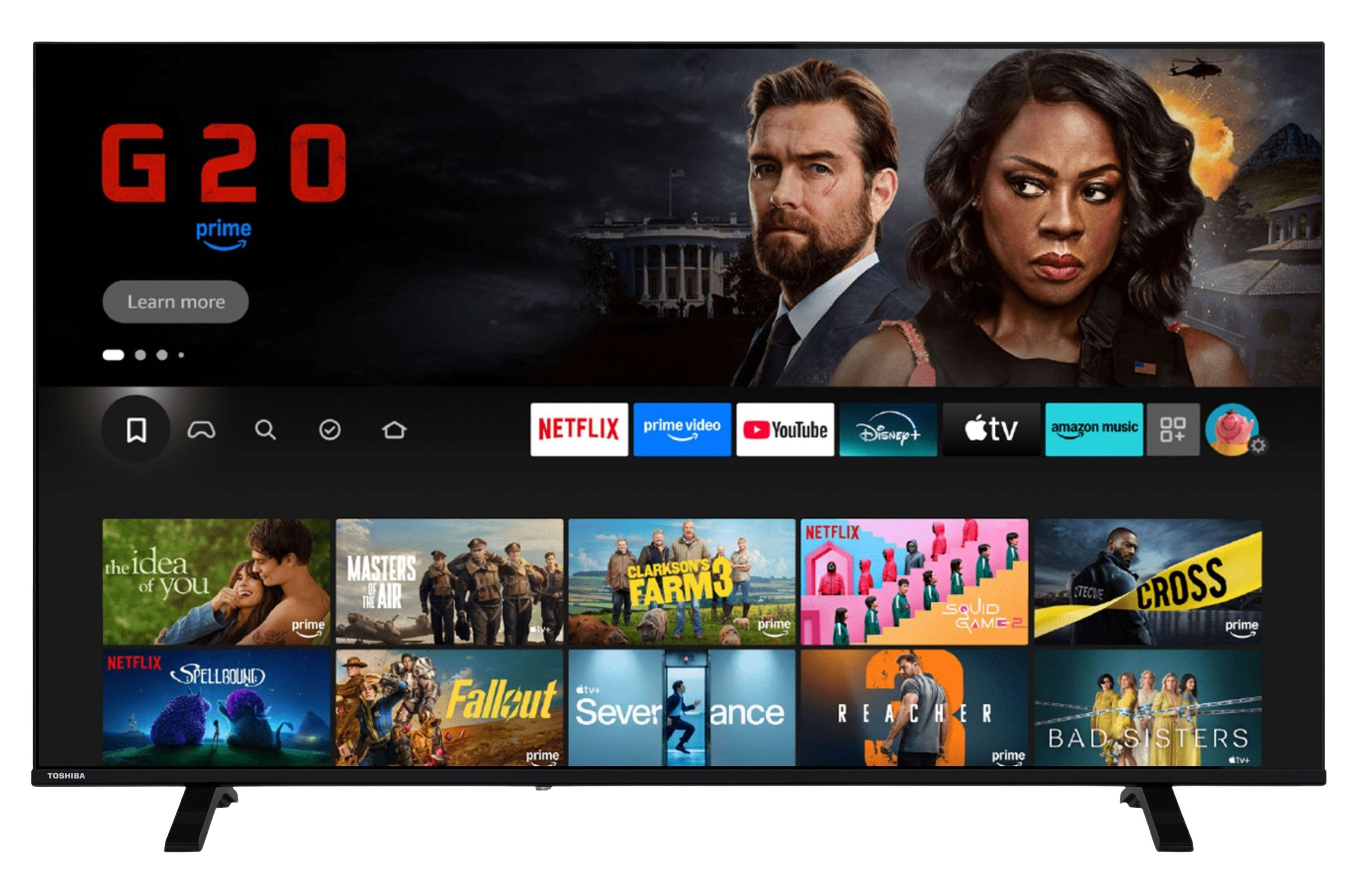 Ein Smart-TV zeigt eine Streaming-Benutzeroberfläche mit Trailern oben und einer App-Leiste.