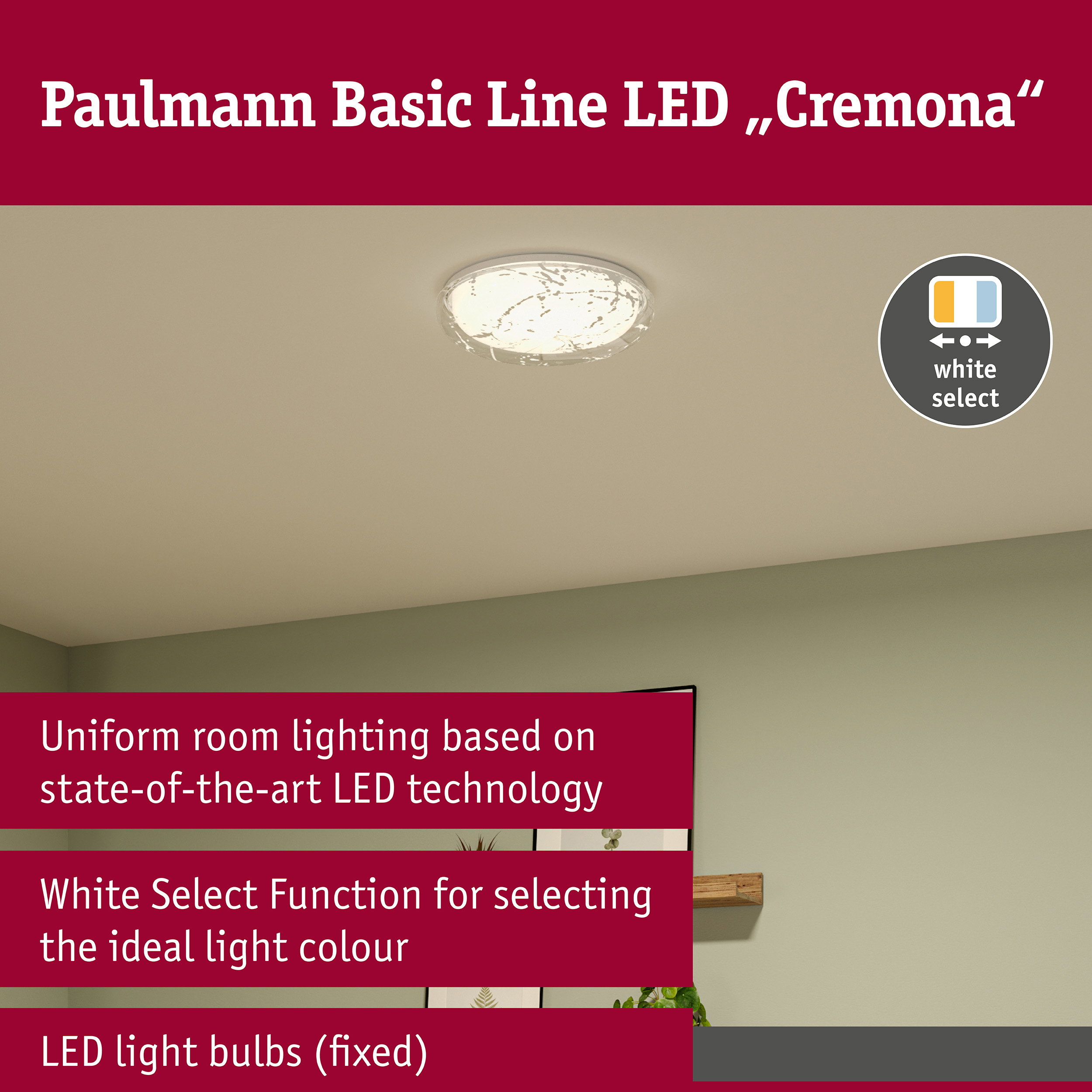 Paulmann Cremona LED-Deckenleuchte an einer Decke mit Textfeldern zu Funktionen.