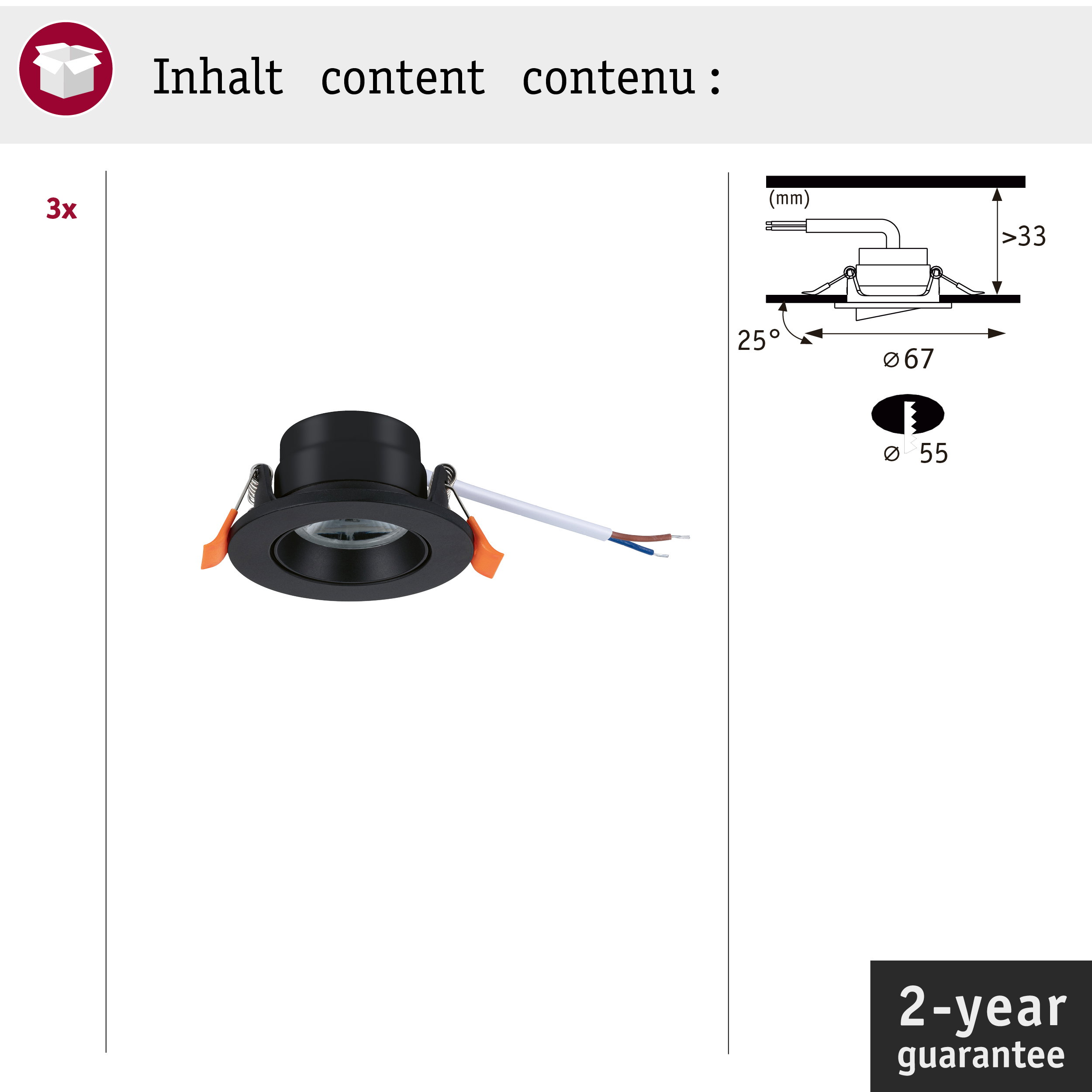 Drei schwarze Einbaustrahler mit Kabel, technischen Maßen und 2 Jahren Garantie.