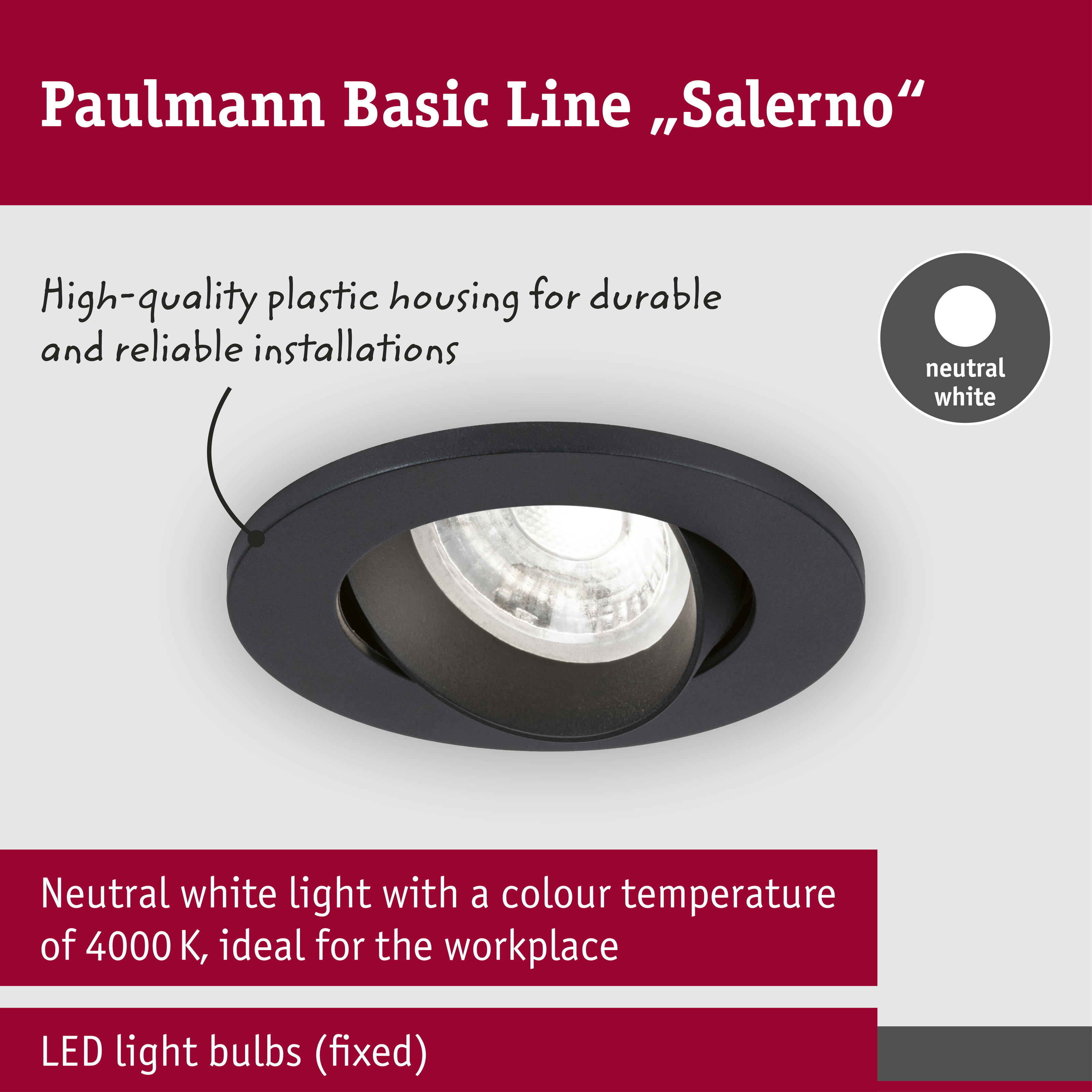 Paulmann Basic Line Salerno Einbaustrahler in Schwarz mit neutralweißem Licht und Kunststoffgehäuse.