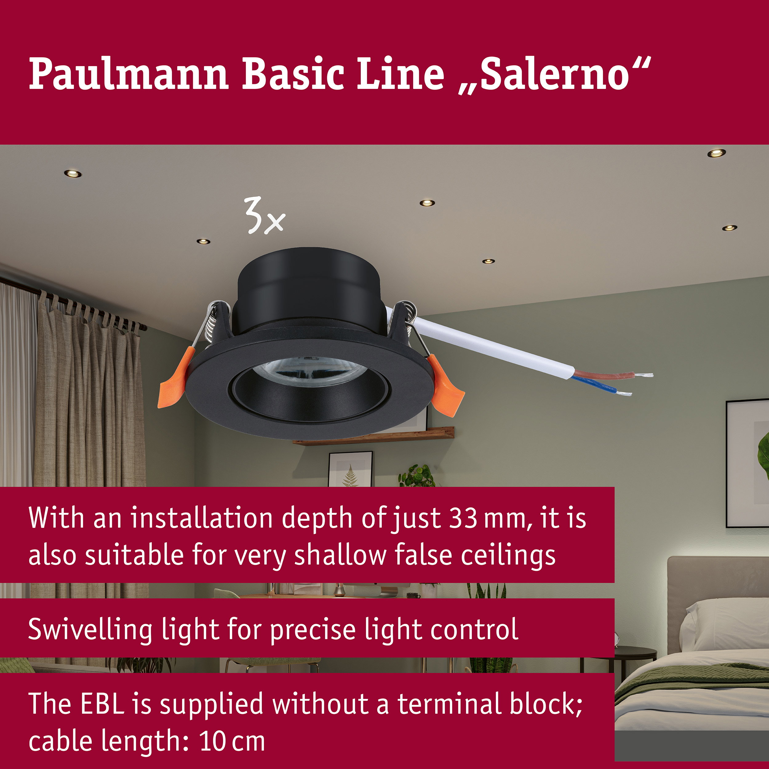 Schwarzer Paulmann Salerno Einbaustrahler vor einem Schlafzimmerhintergrund mit Installationsdetails.