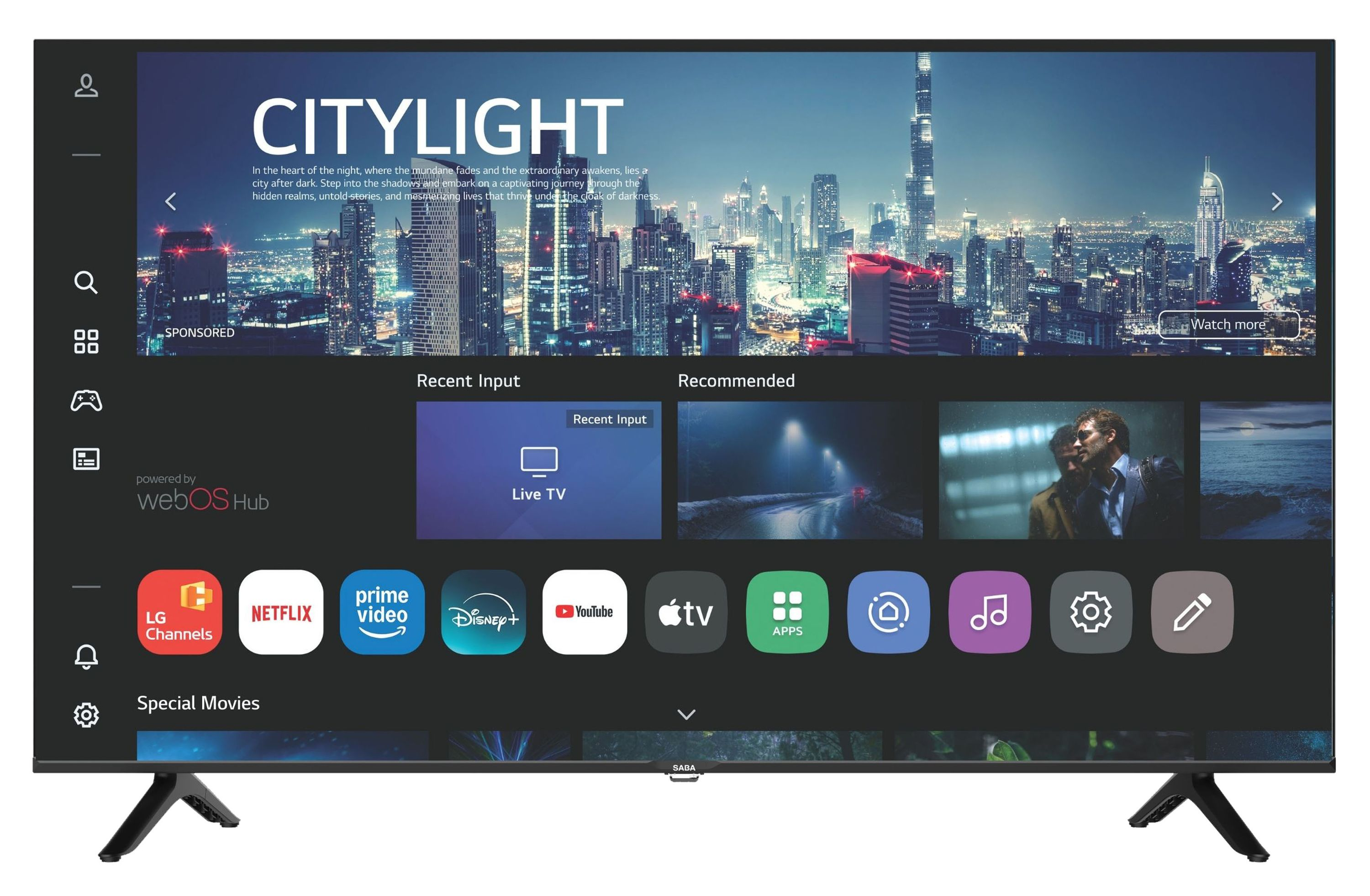 Ein Smart-TV-Startbildschirm mit nächtlichem Stadtbild, empfohlenen Sendungen und Streaming-App-Symbolen.