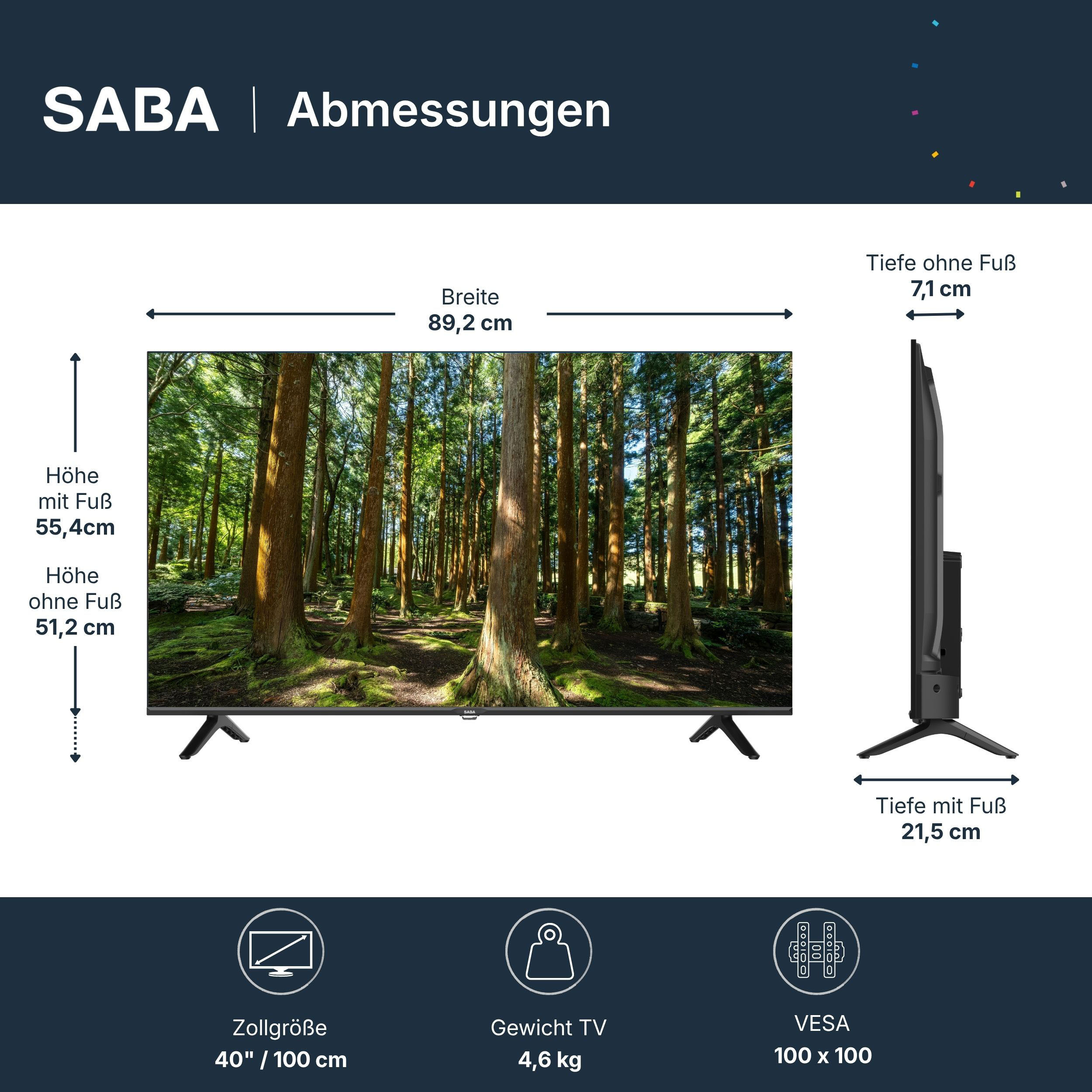 Technische Zeichnung der Abmessungen eines SABA Fernsehers mit Maßen für Breite, Höhe und Tiefe.